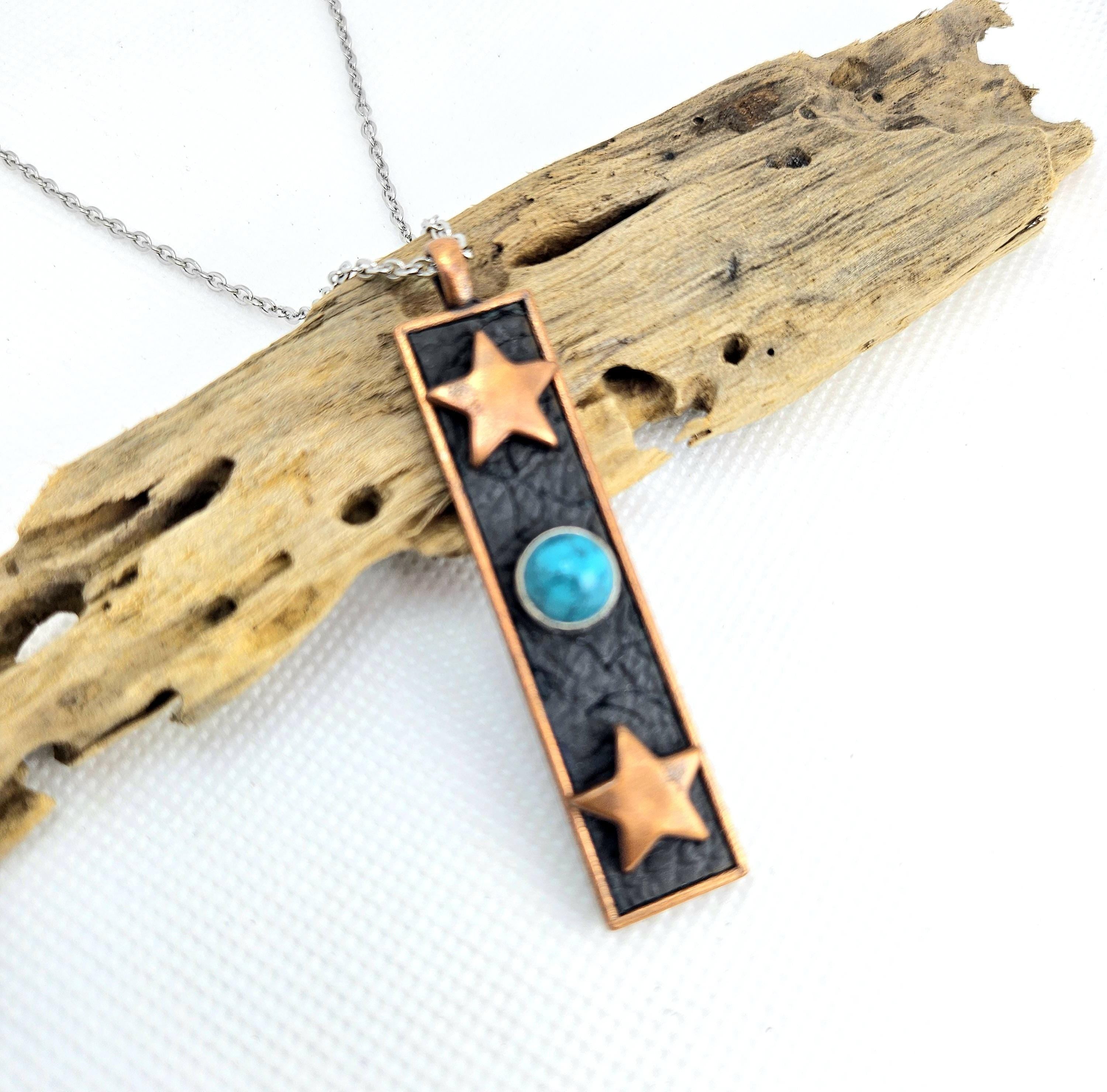 Handmade Copper  Turquoise Pendant Necklace on Durable Stainless Steel Chain for Rustic Boho Style Perfect Gift Idea