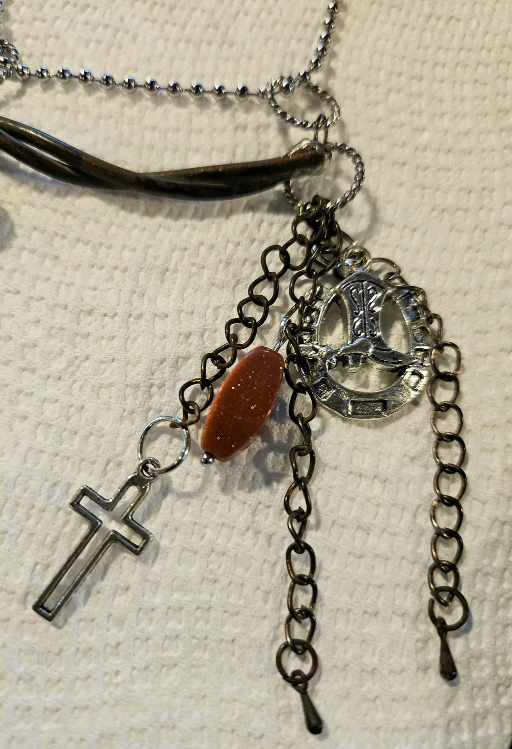 Rustic Bar Necklace with Goldstone  Silver Solder on Stainless Steel Chain - Unique Handmade Jewelry for Rustic Charm