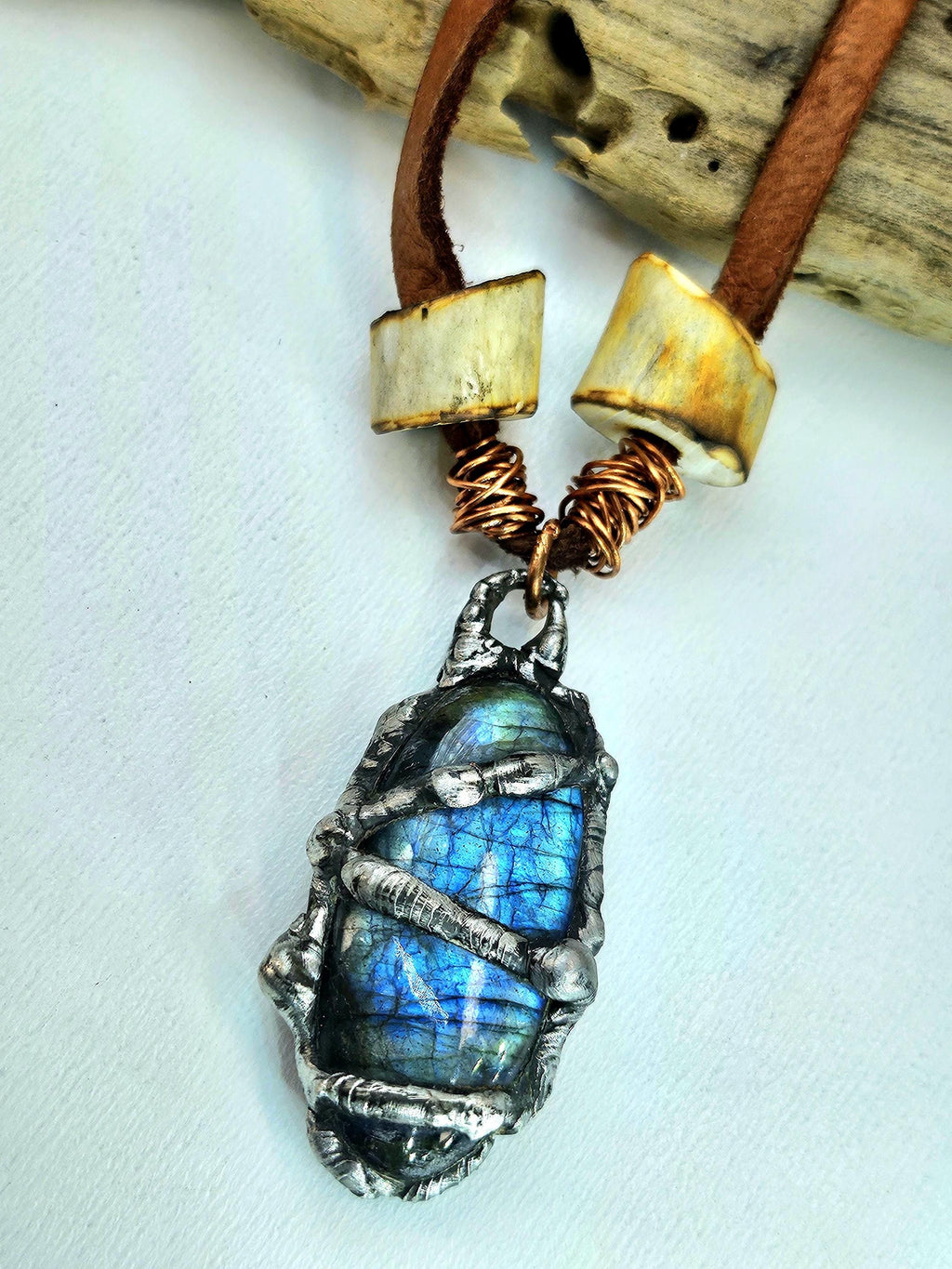 Leather Necklace with Silver-Soldered Blue Labradorite  Deer Antler Beads for Nature-Inspired Style