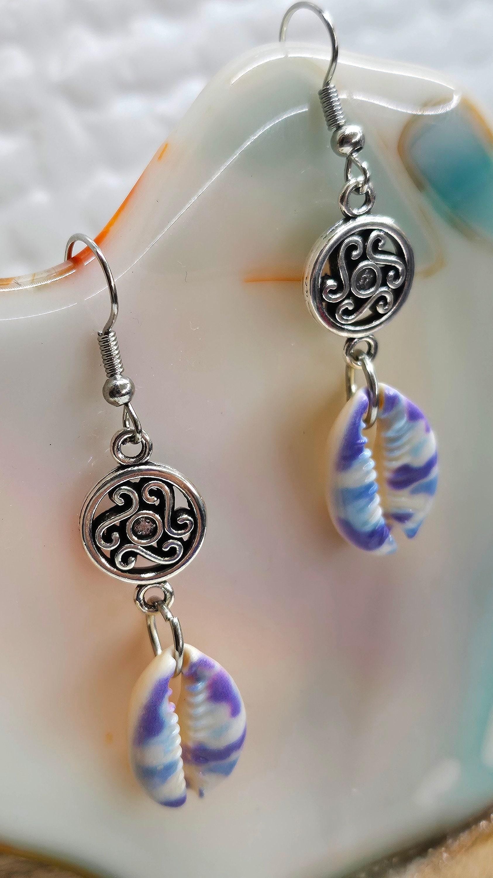 Handmade Painted Cowrie Shell  Charm Earrings  Rustic Boho Jewelry Gift for Her with Free Shipping  Unique Accessory for Beach Days