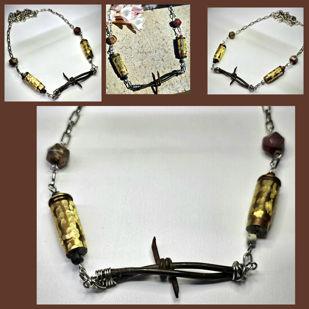 Barbed Wire  40mm Bullet Brass Pendant - Rustic Boho Handmade Jewelry Gift for Her - Unique Conversation Starter - Free Shipping