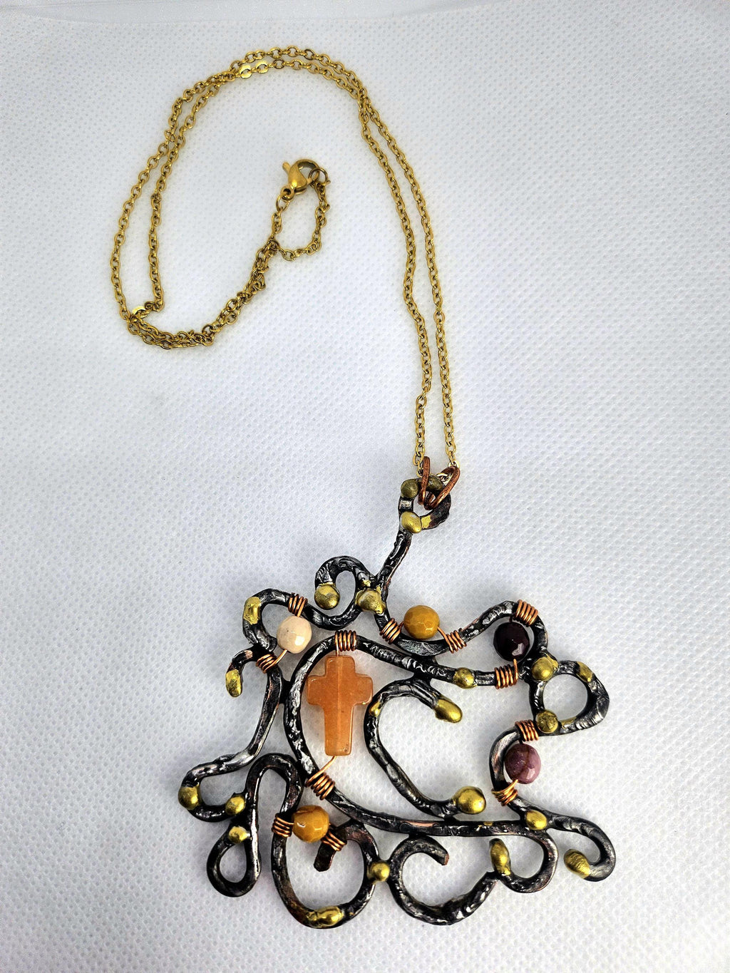 Handmade Carnelian Cross Pendant with Mookite Beads and Silver Solder on Gold Filled Chain - Unique Boho Jewelry Gift for Her Perfect