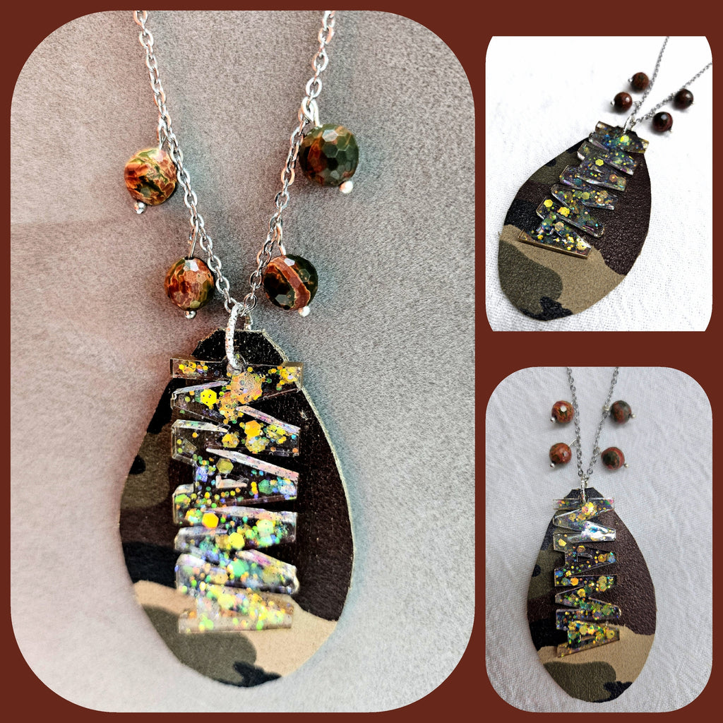 Mama Charm Leather Fringe Pendant with Cherry Creek Jasper Beads on Stainless Steel Chain - Stylish Camo Teardrop Accessory for Moms