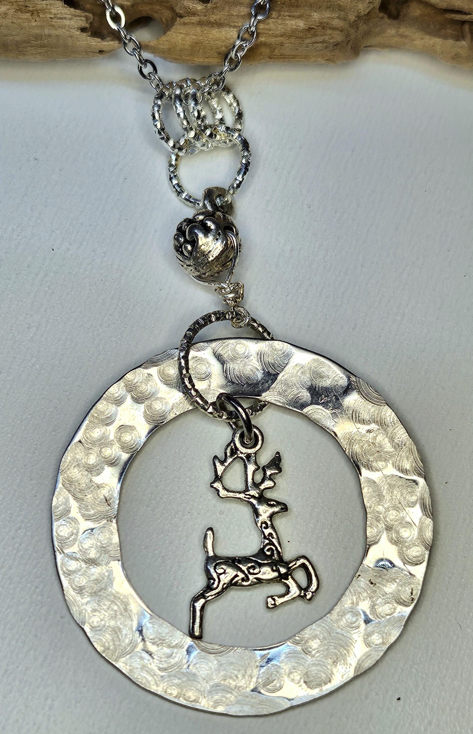 Hand Textured Rustic Boho Deer Charm Pendant Necklace  Unique Handmade Jewelry Gift for Her with Free Shipping  Woodland Goddess