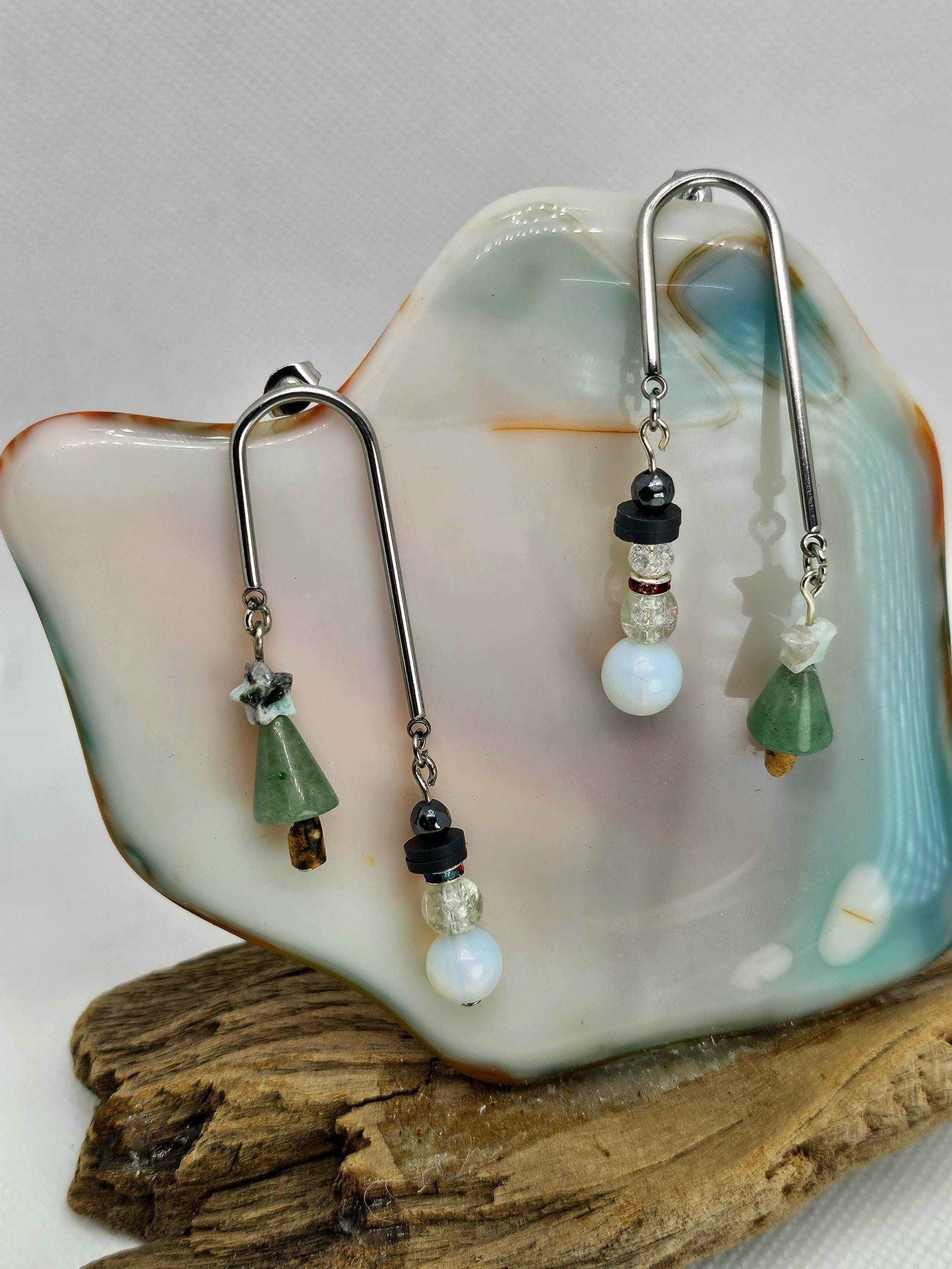 Green Aventurine & Mother of Pearl Christmas Earrings Rustic Boho Handmade Jewelry Gift for Her Free Shipping | Rustic Boho Jewelry #370