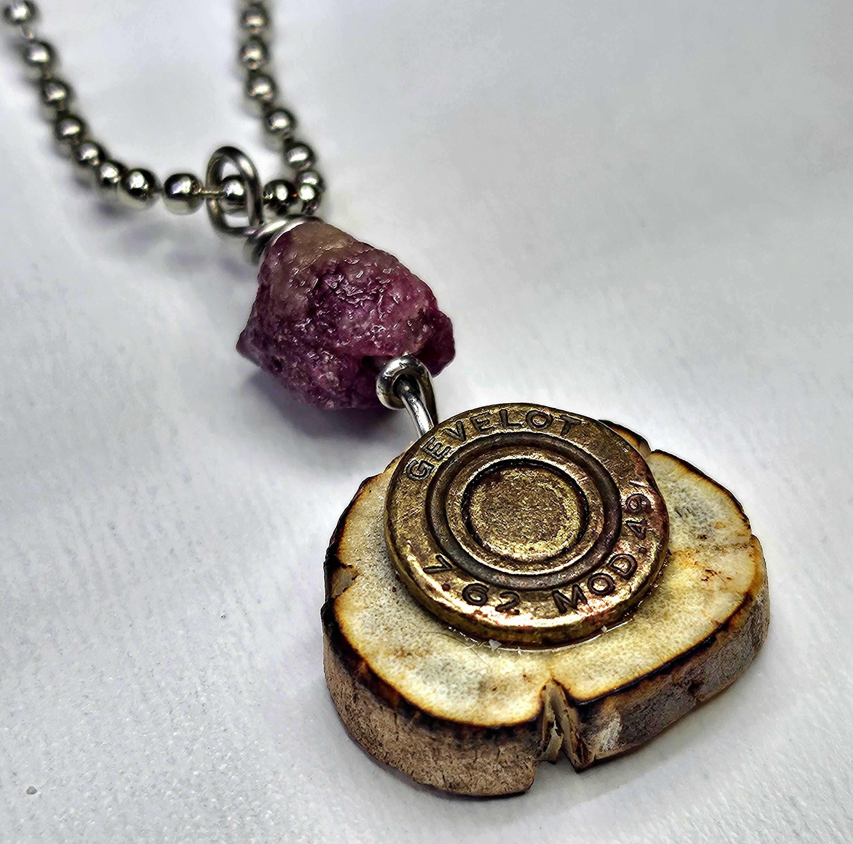 Deer Antler Slice Pendant with Bullet Brass  Pink Tourmaline Rustic Boho Handmade Jewelry Gift for Her Free Shipping