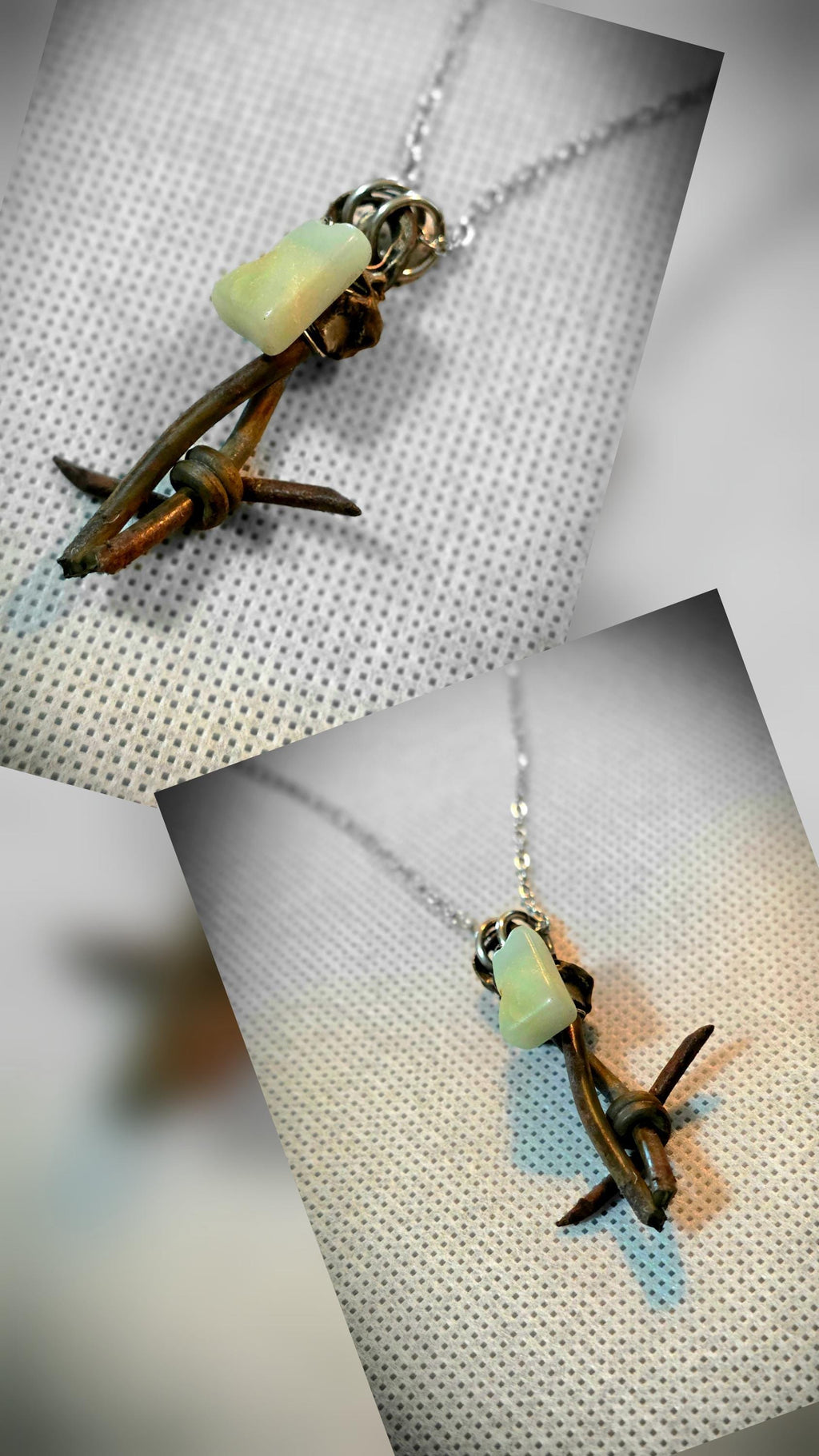 Handmade Barbed Wire Green Jade Pendant on Stainless Steel Chain - Unique Rustic Boho Jewelry for Gift or Personal Style