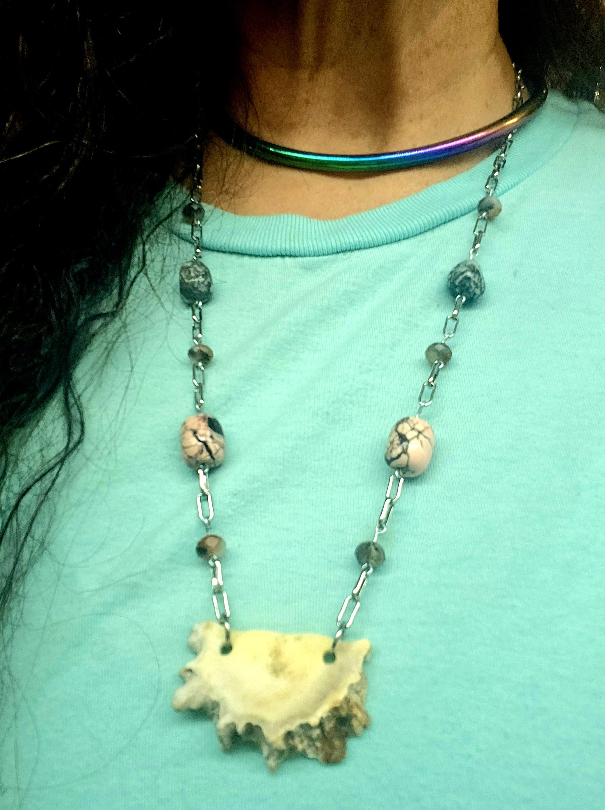 Unique Deer Antler Slice Necklace with Semi-Precious Stones on Stainless Steel Chain - Ethically Sourced Woodland Jewelry for Nature Lovers