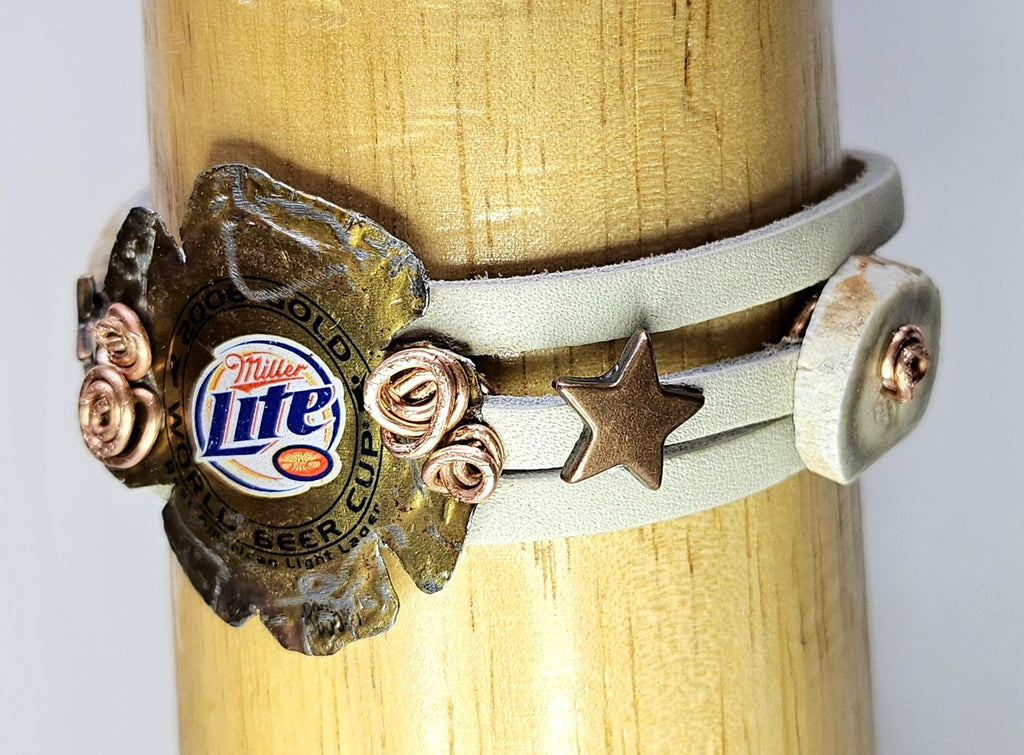 Metal Beer Cap Leather Bracelet with Genuine Deer Antler Slice for Rustic Strength Style  Masculinity