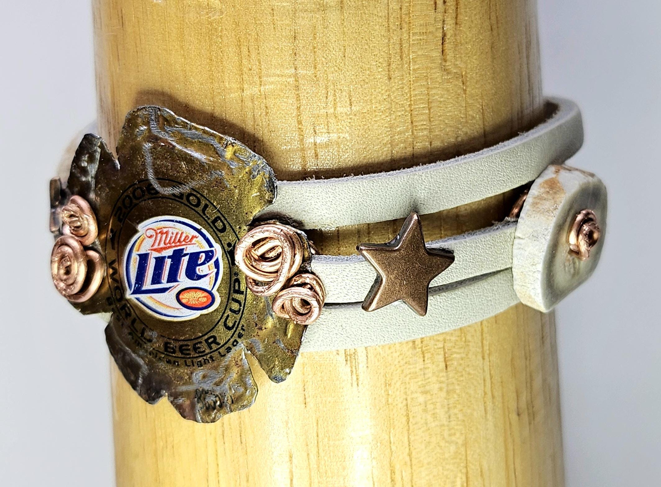 Metal Beer Cap Leather Bracelet with Genuine Deer Antler Slice for Rustic Strength Style  Masculinity