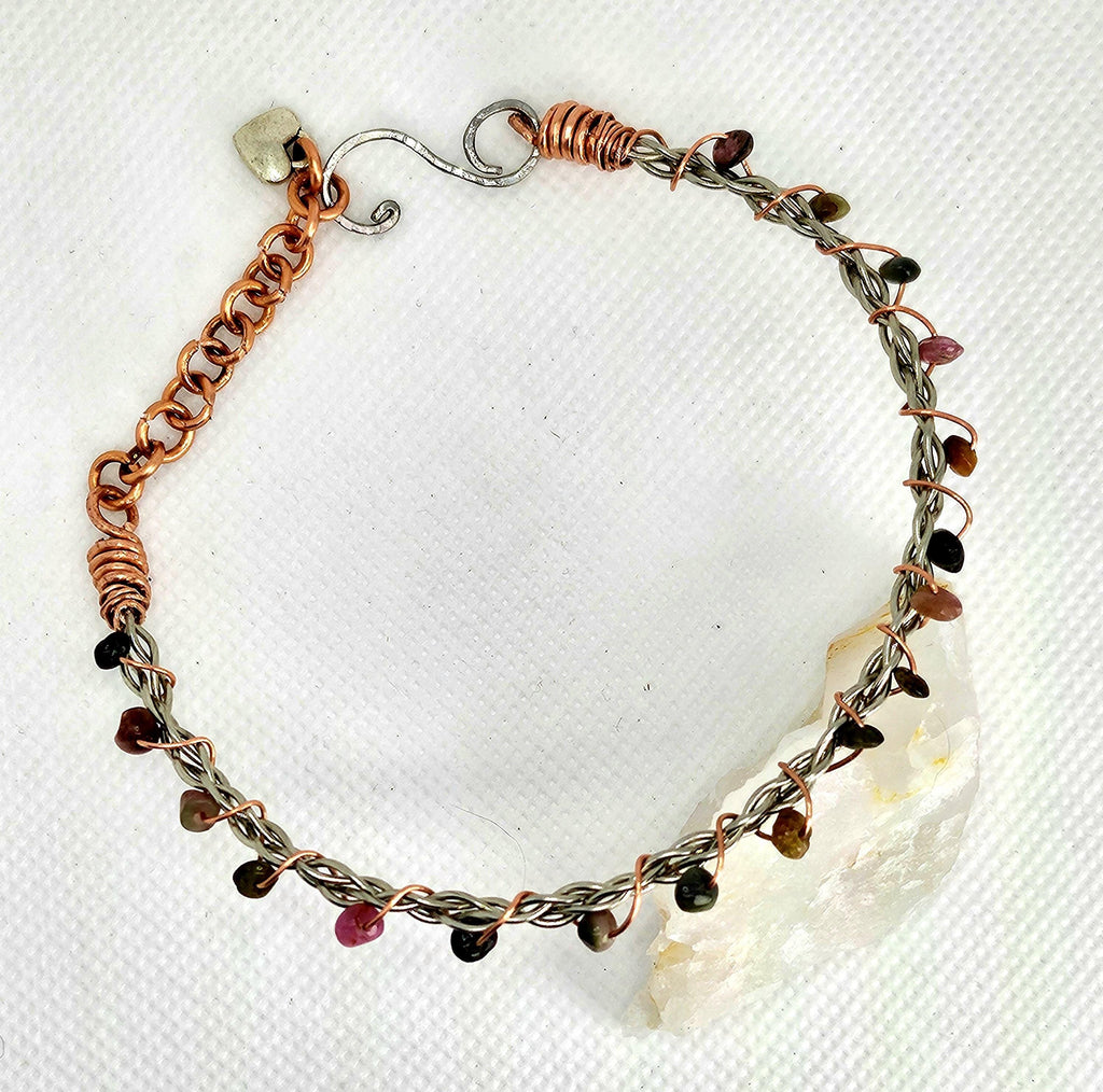 Handmade Tourmaline  Copper Stone Bangle Bracelet - Unique Rustic Boho Jewelry Gift for Her - FREE SHIPPING Rainbow Accessory