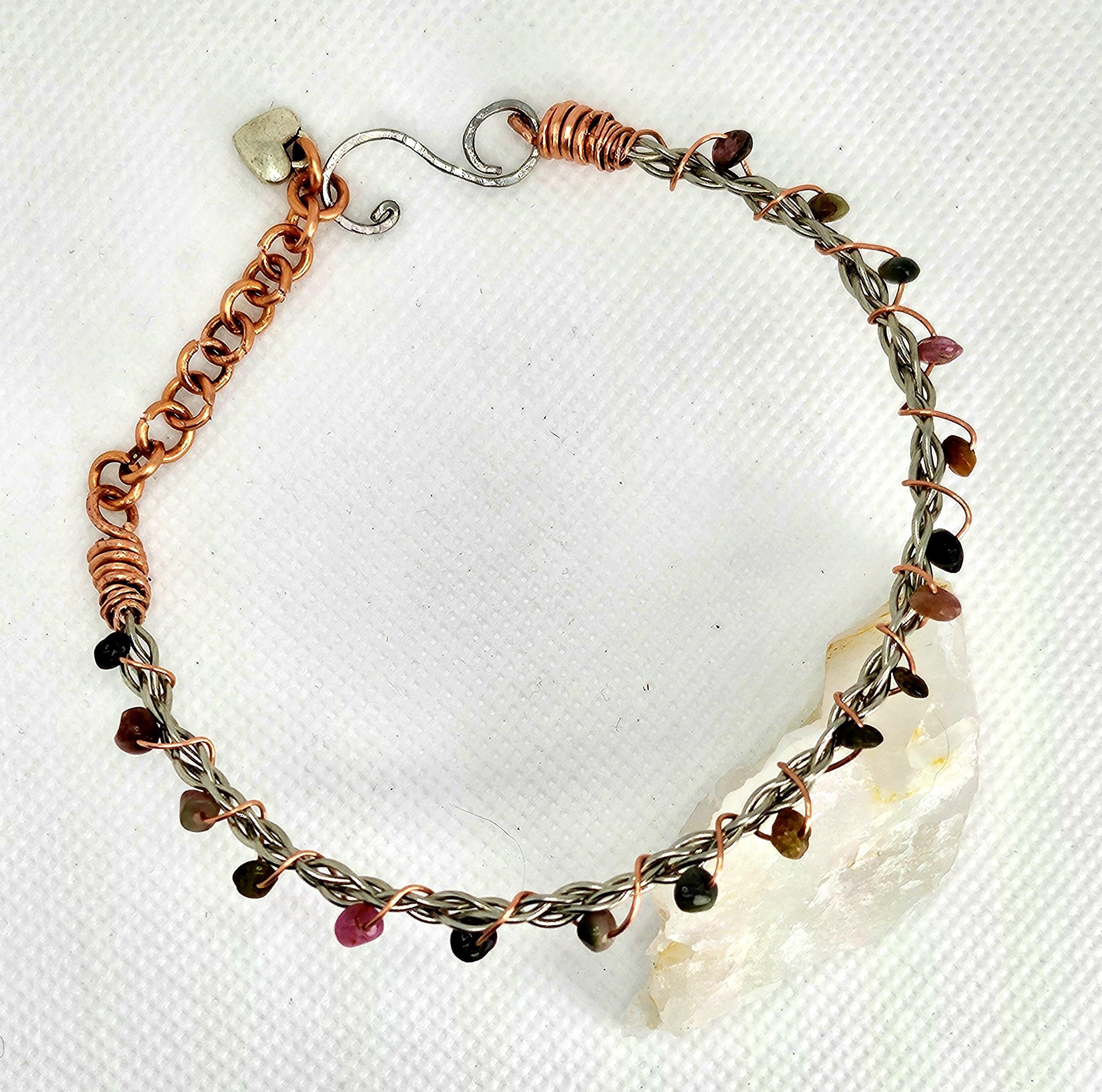 Handmade Tourmaline  Copper Stone Bangle Bracelet - Unique Rustic Boho Jewelry Gift for Her - FREE SHIPPING Rainbow Accessory