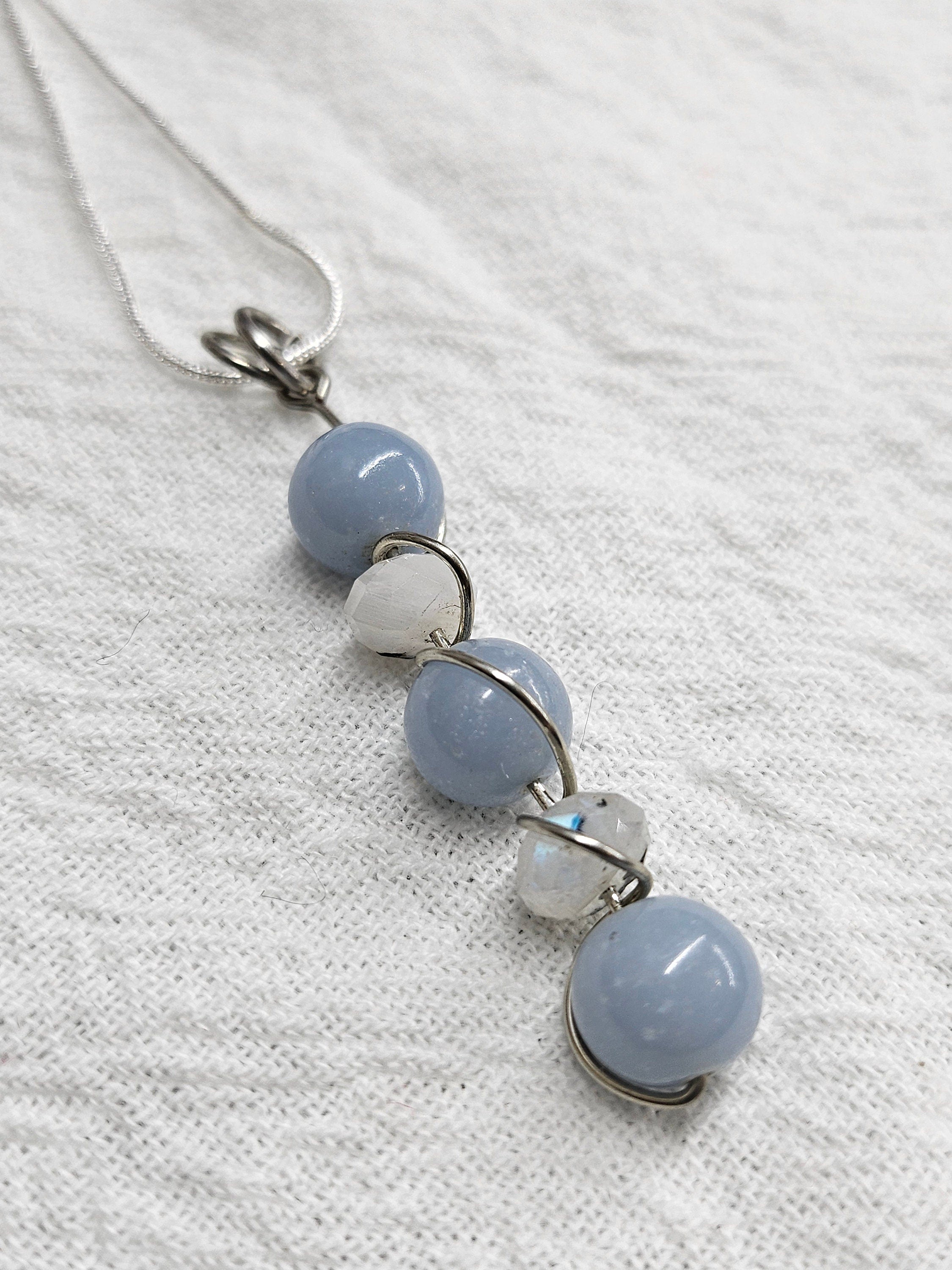 Blue Chalcedony  Moonstone Pendant Necklace on Stainless Steel Chain for Everyday Elegance and Sparkle