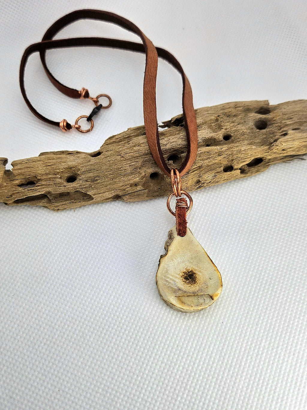 Natural Deer Antler Slice Pendant Necklace with Bullet Brass  Pink Tourmaline Accents on Leather Cord - Eco-Chic Woodland Jewelry