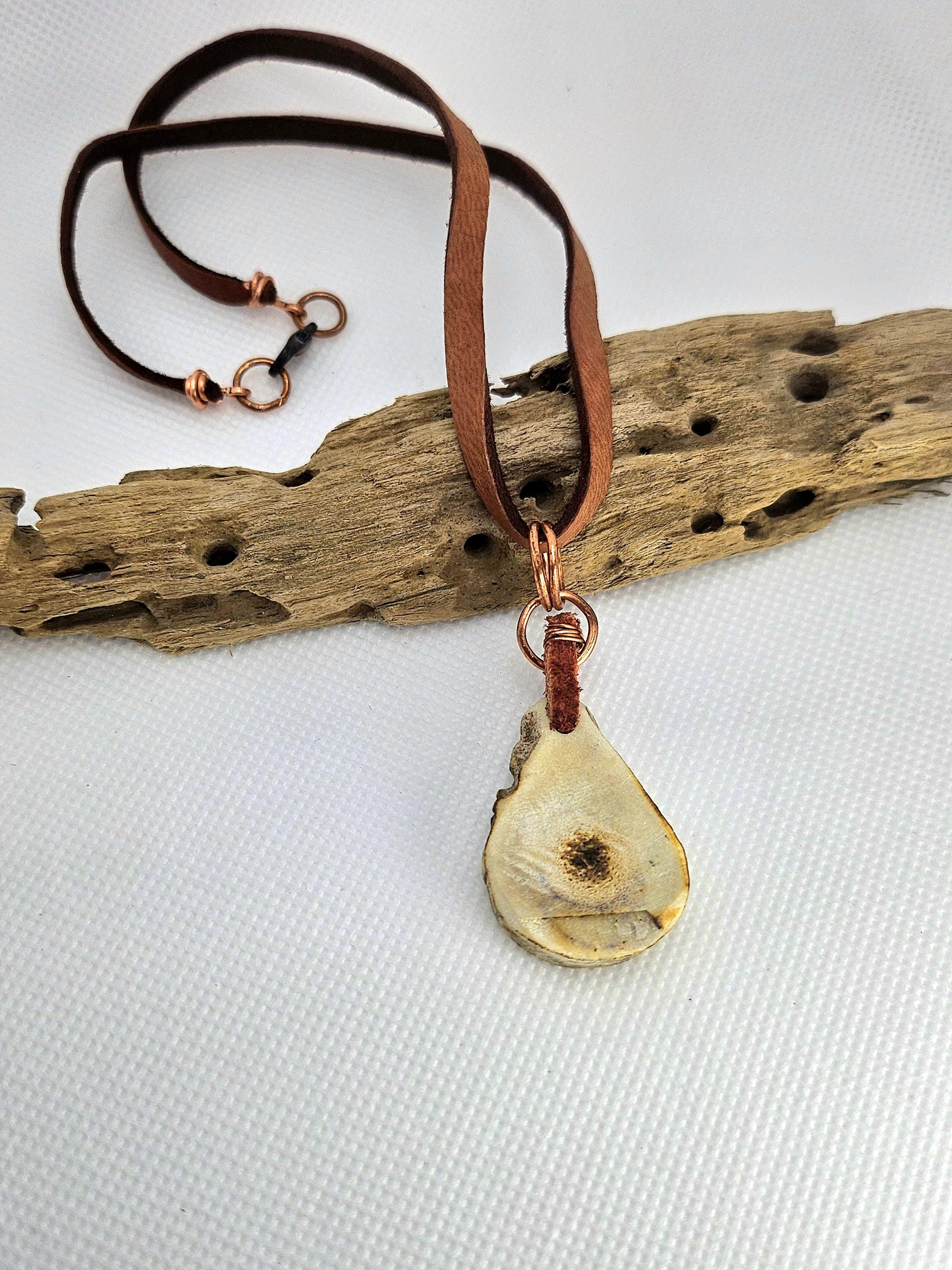 Natural Deer Antler Slice Pendant Necklace with Bullet Brass  Pink Tourmaline Accents on Leather Cord - Eco-Chic Woodland Jewelry