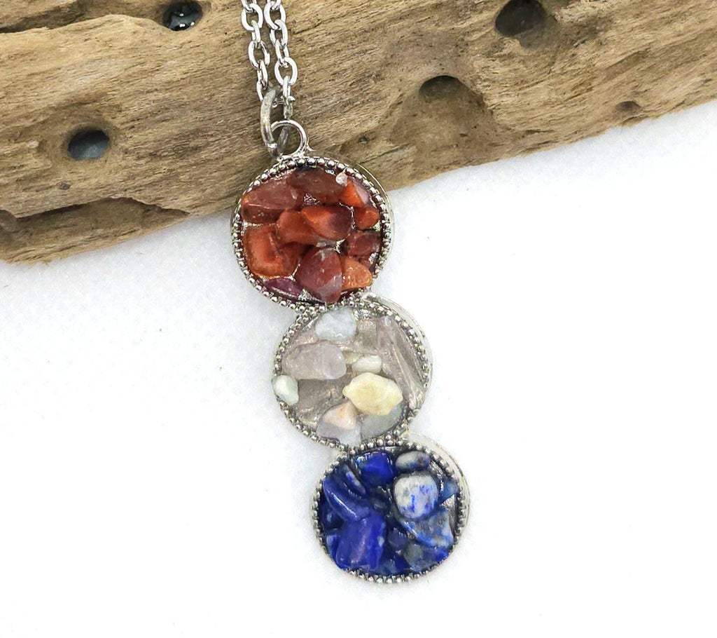 Handcrafted Red White Blue Chip Stone Pendant with Stainless Steel Chain for Rustic Boho Jewelry Lovers - Unique Gift for Everyday Wear