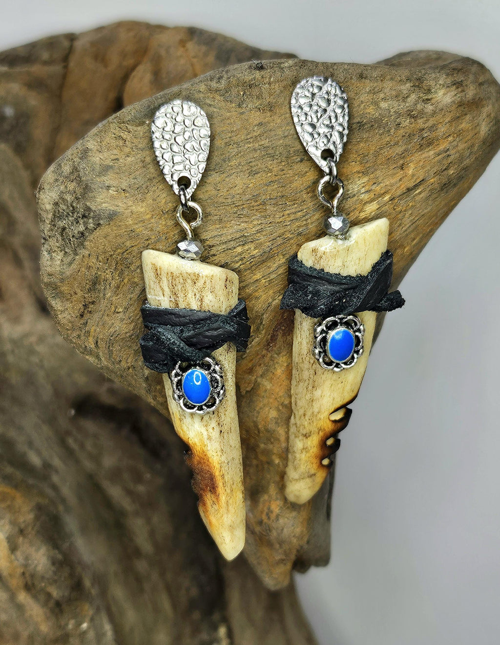 Handmade Rustic Boho Split Deer Antler Tine  Leather Earrings with Turquoise and Gemstones - Unique Gift for Her Free Shipping