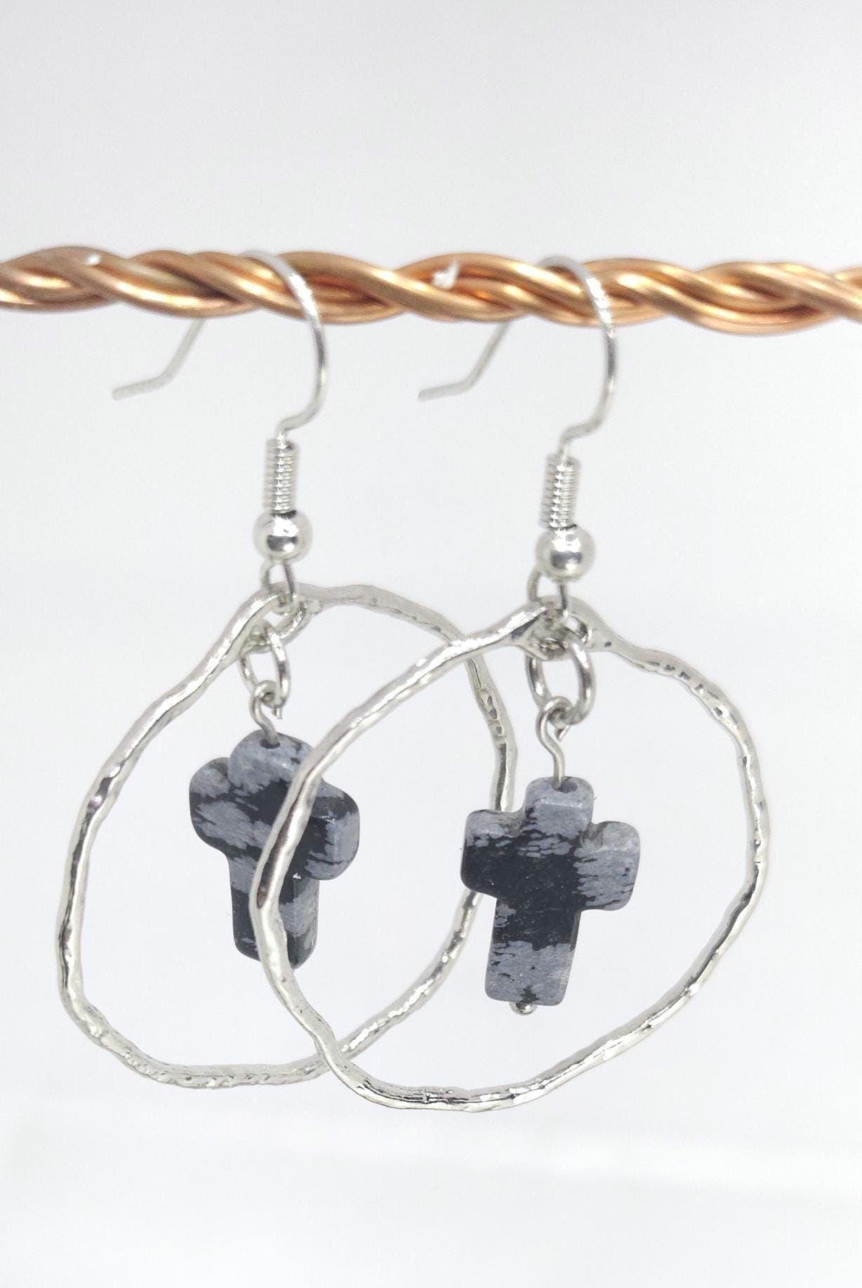 Handmade Snowflake Obsidian Cross Drop Earrings for Rustic Boho Style Elegant Stone Jewelry - Unique Gift with FREE Shipping