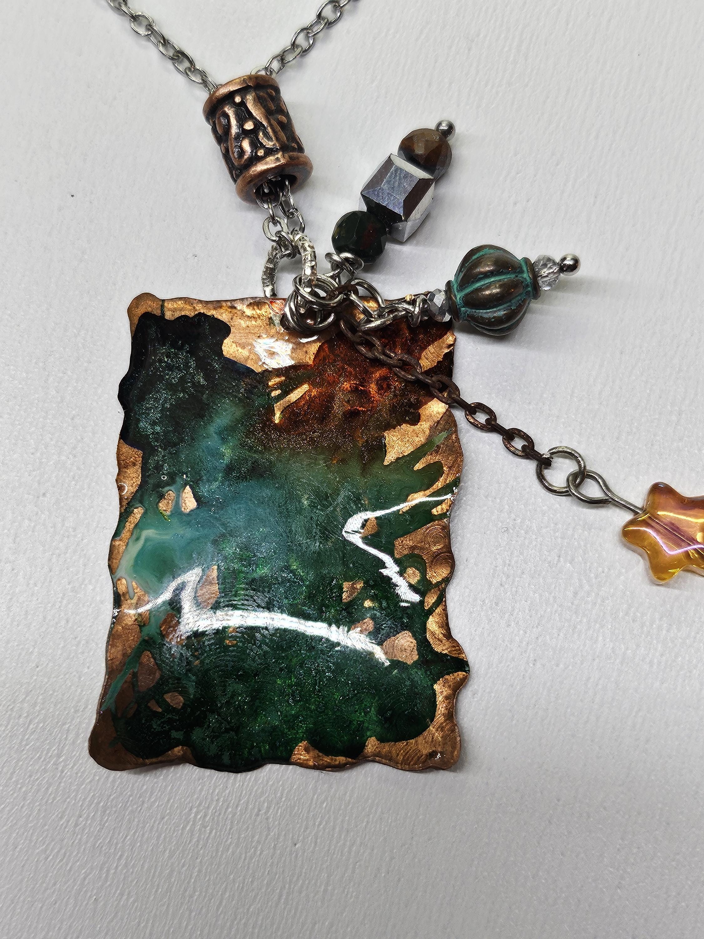 Textured Copper  Ink Stained Pendant Necklace - Rustic Boho Handmade Jewelry Gift for Her - FREE SHIPPING