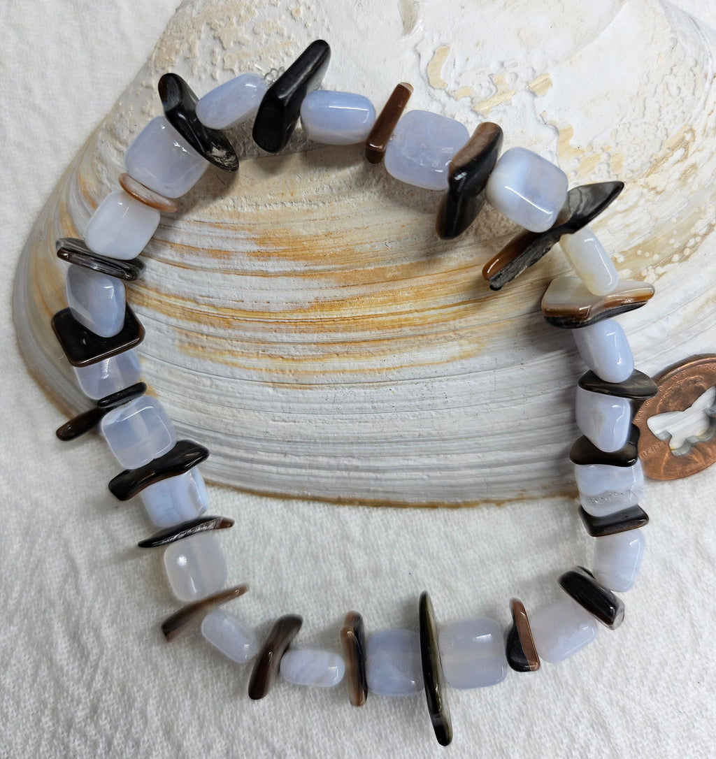 Blue Lace Agate  Abalone Shell Stretch Bracelet for Effortless Beachy Style