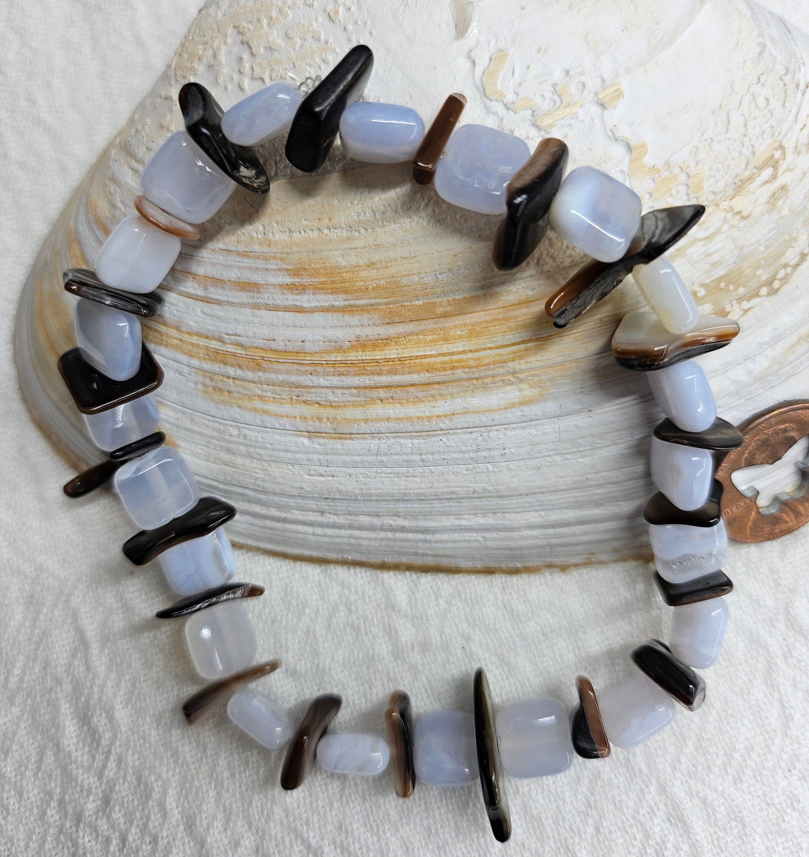 Blue Lace Agate  Abalone Shell Stretch Bracelet for Effortless Beachy Style
