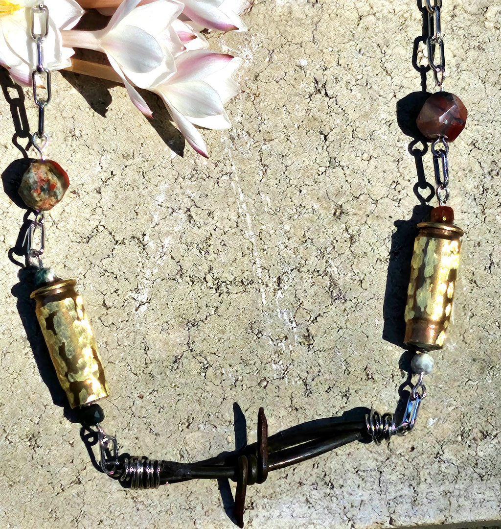 Barbed Wire  40mm Bullet Brass Pendant - Rustic Boho Handmade Jewelry Gift for Her - Unique Conversation Starter - Free Shipping