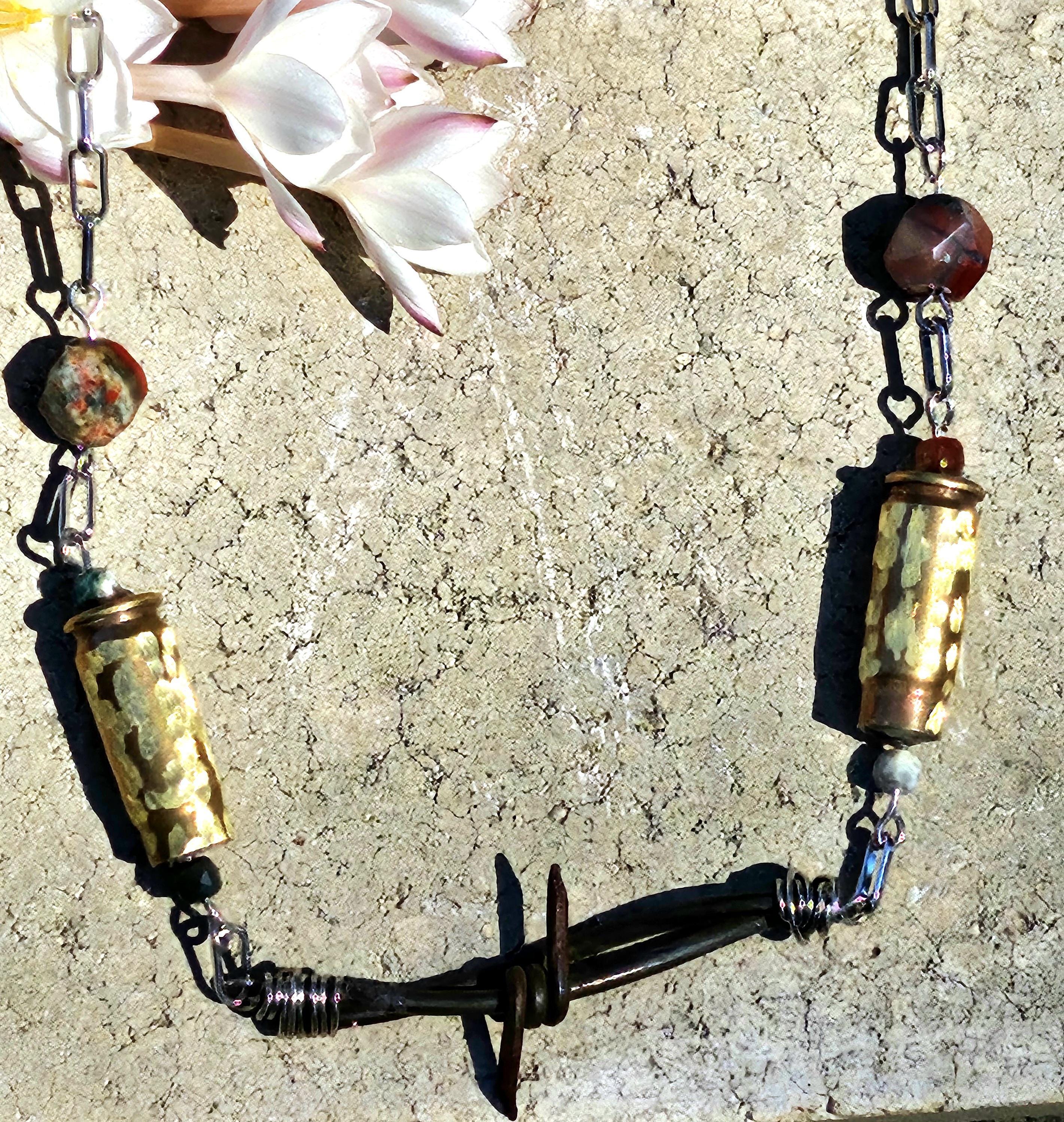 Barbed Wire  40mm Bullet Brass Pendant - Rustic Boho Handmade Jewelry Gift for Her - Unique Conversation Starter - Free Shipping