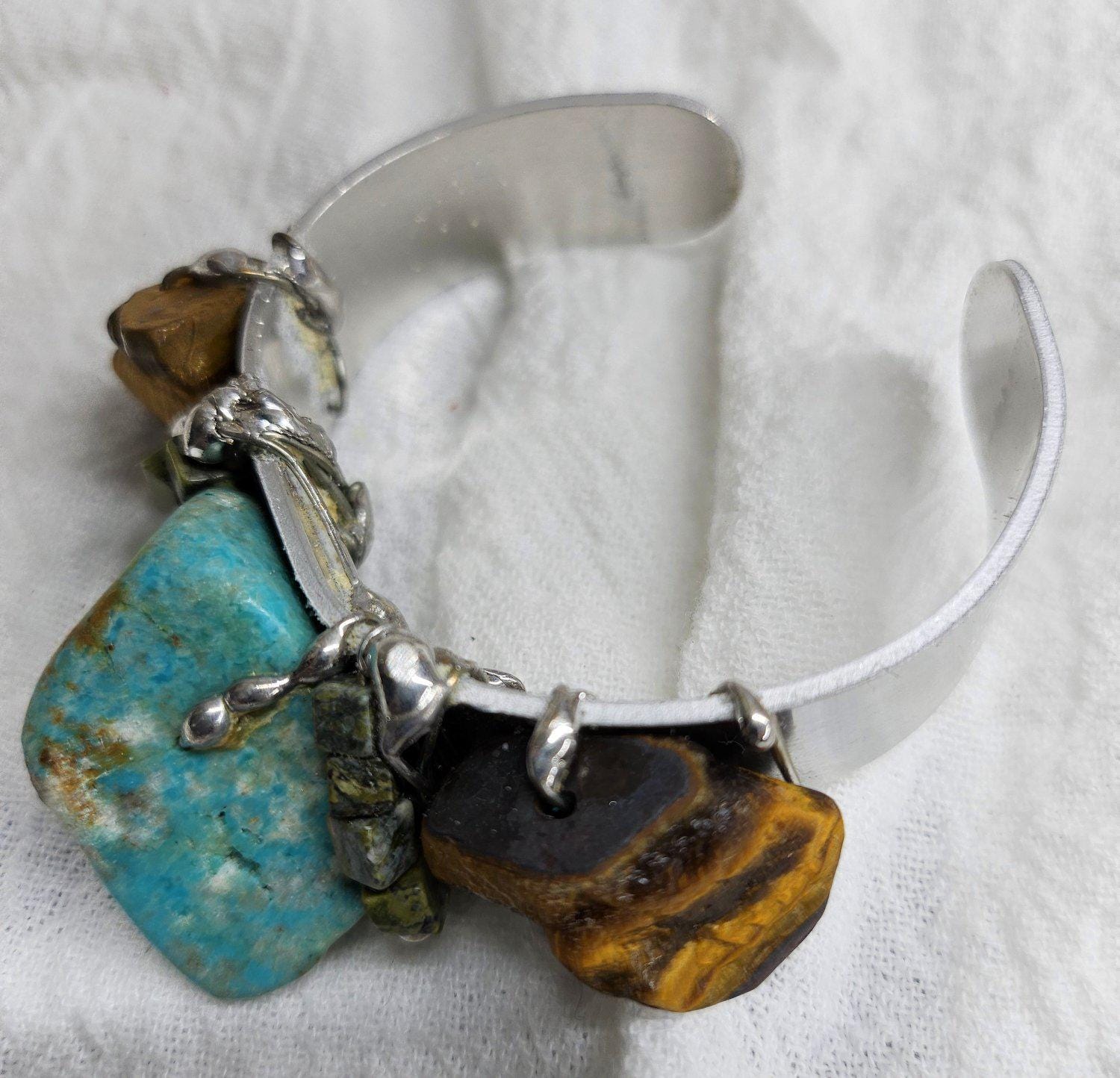 Turquoise  Tiger Eye Cuff Bracelet for Women  Unique Boho Chic Adjustable Design  Comfortable Statement Jewelry  Perfect Gift Idea