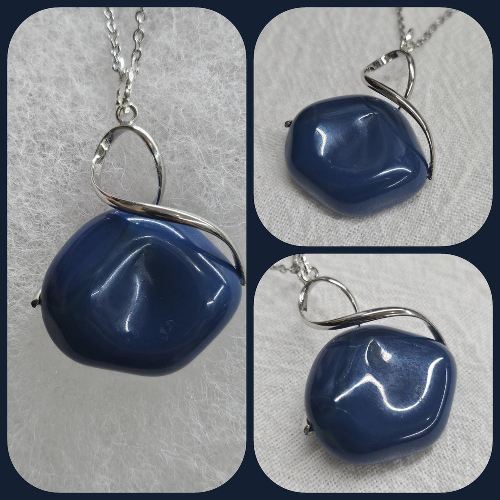 Handcrafted Blue Agate  Stainless Steel Pendant Necklace - Unique Rustic Boho Jewelry Gift for Her with FREE Shipping - One-of-a-Kind Design