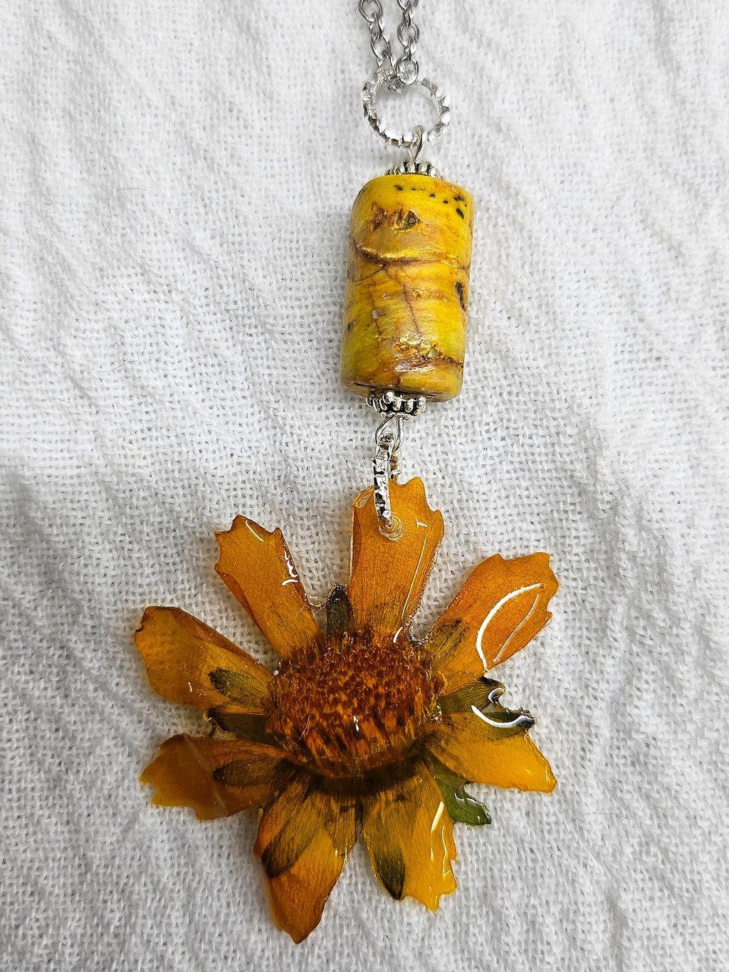 Sneezeweed Flower  Yellow Crazy Lace Agate Pendant on Stainless Steel Chain - Whimsical Nature-Inspired Jewelry for Flower Children