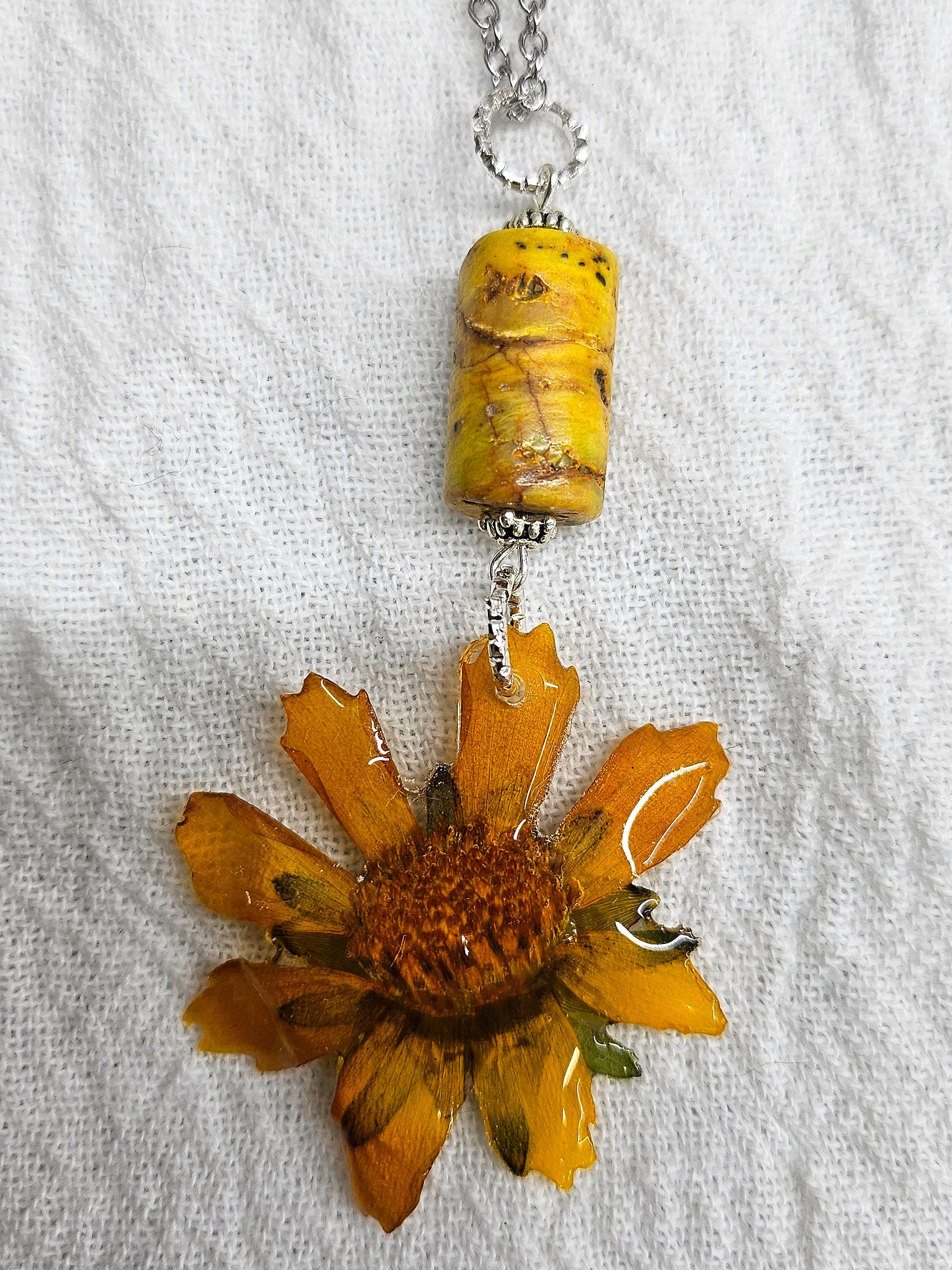 Sneezeweed Flower  Yellow Crazy Lace Agate Pendant on Stainless Steel Chain - Whimsical Nature-Inspired Jewelry for Flower Children