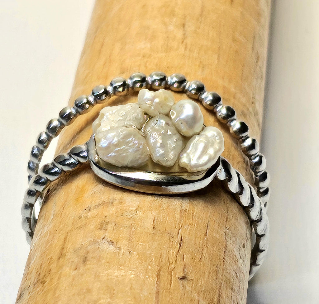 Fresh Water Pearl Ring - Rustic Boho Handmade Jewelry Gift for Her - FREE SHIPPING - Sparkling Statement Piece for Any Occasion 390