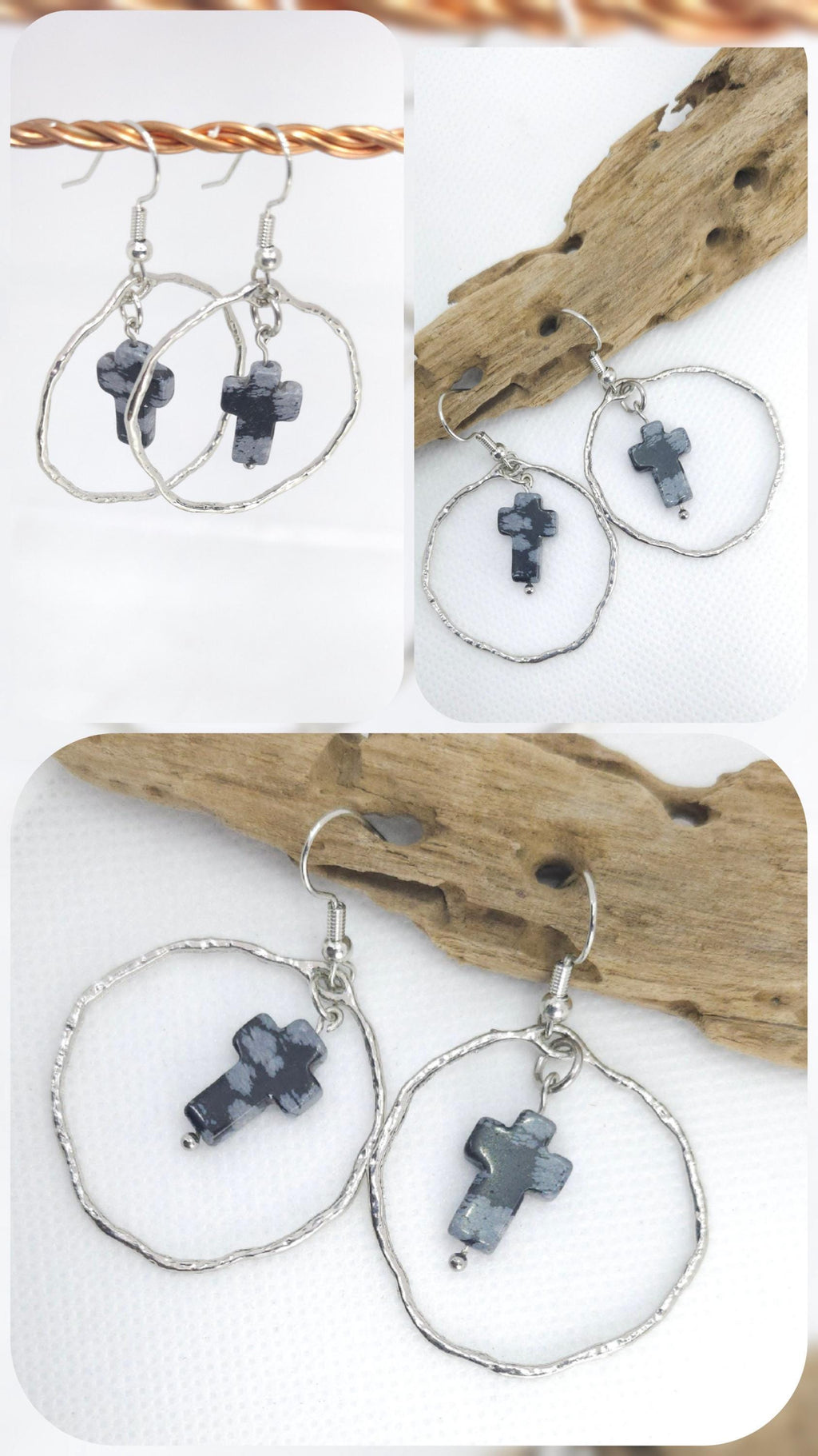 Handmade Snowflake Obsidian Cross Drop Earrings for Rustic Boho Style Elegant Stone Jewelry - Unique Gift with FREE Shipping