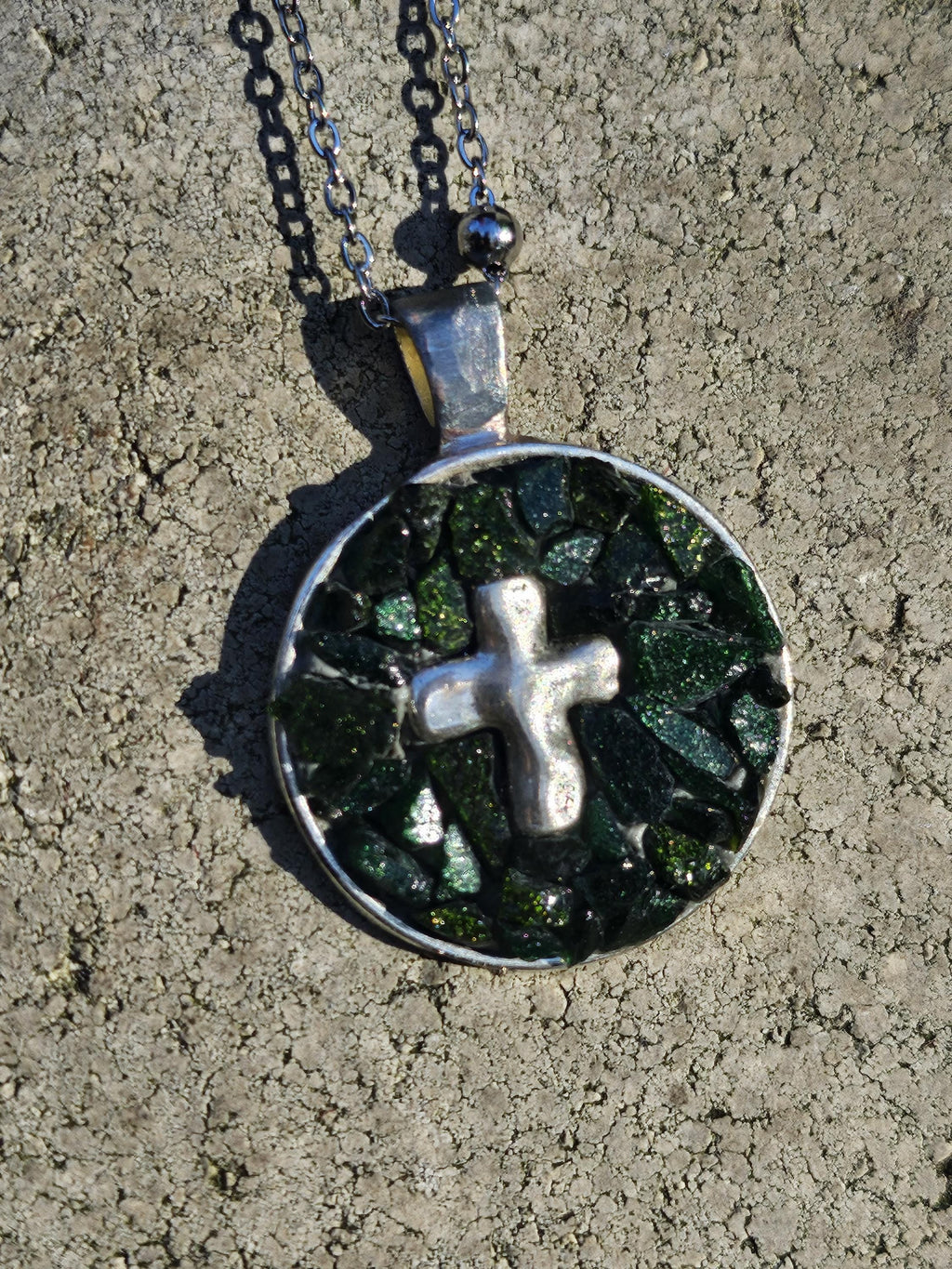 Micro Mosaic Cross Pendant on Durable Stainless Steel Chain - Artistic Jewelry for Unique Style and Conversation Starters