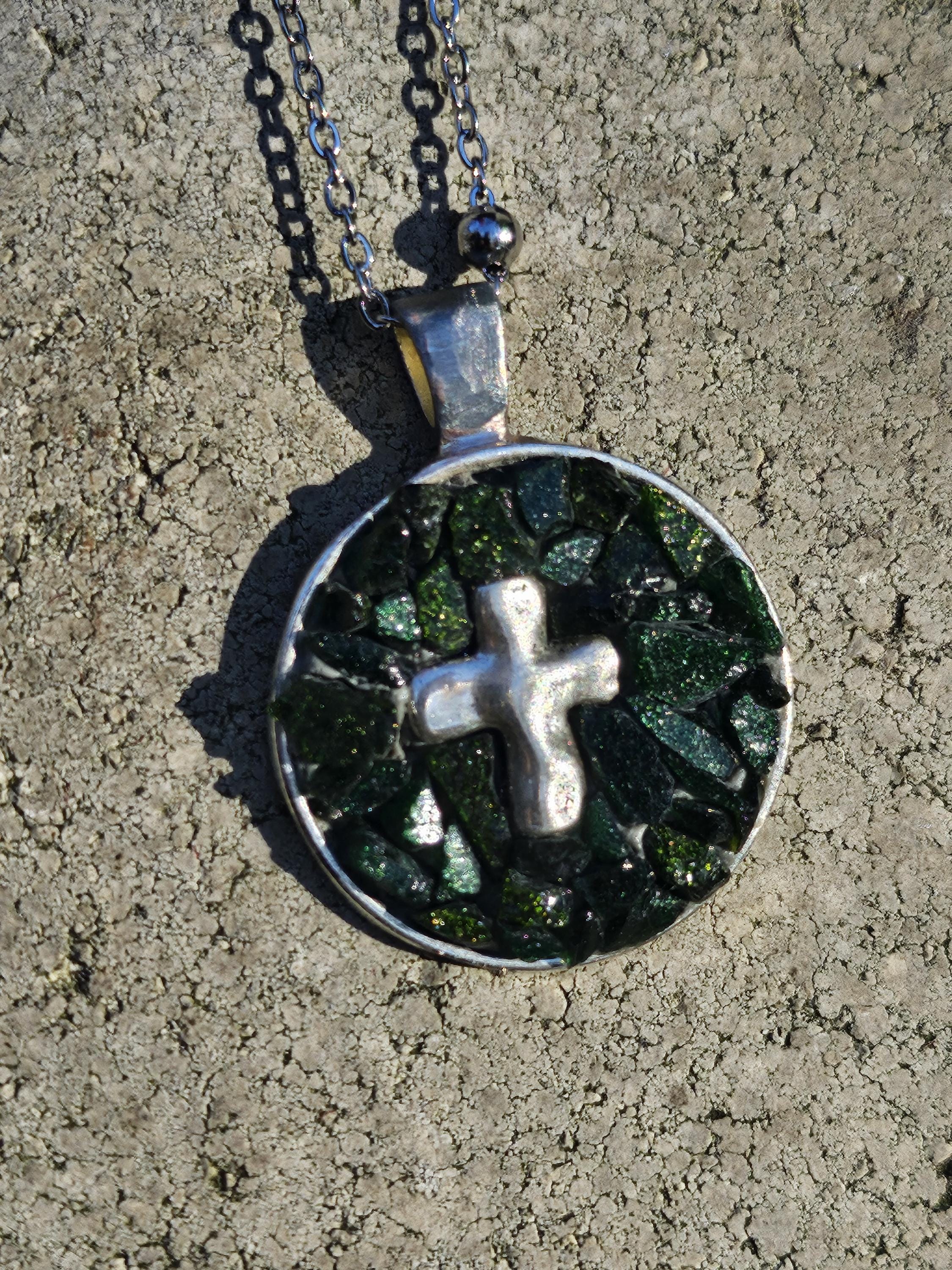 Micro Mosaic Cross Pendant on Durable Stainless Steel Chain - Artistic Jewelry for Unique Style and Conversation Starters