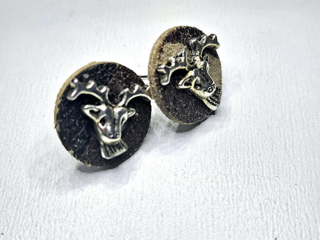 Handcut Camouflage Leather Stud Earrings with Whimsical Deer Charm for Nature Lovers Adventurers  Animal Enthusiasts