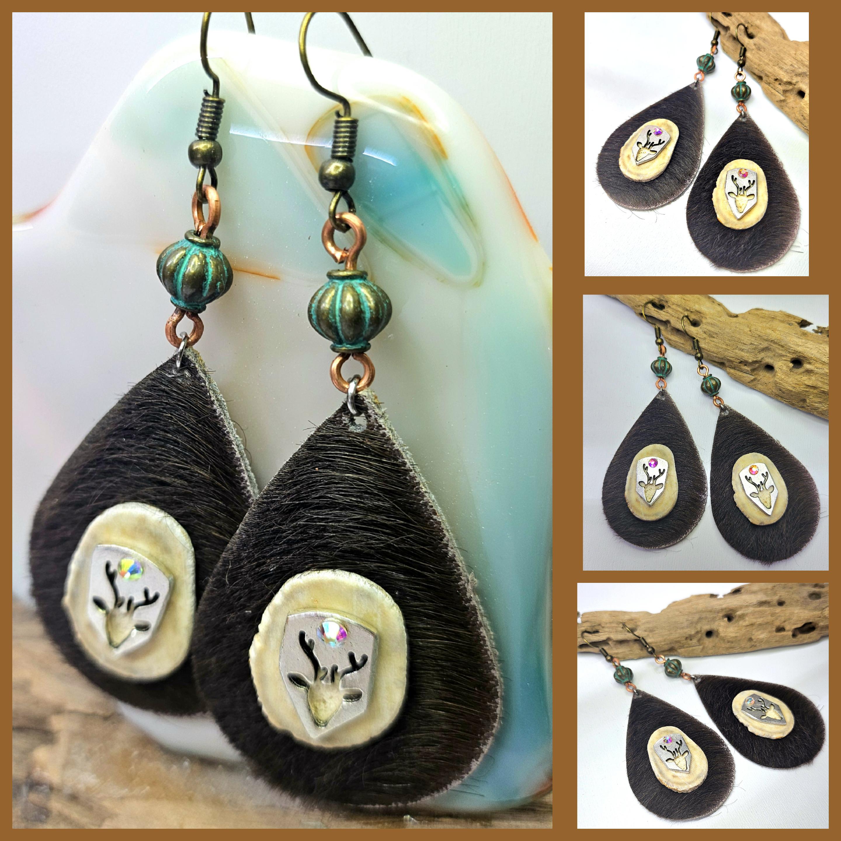 Rustic Deer Antler Slice  Leather Earrings on Stainless Steel Hooks for Nature Lovers  Woodland Chic Jewelry