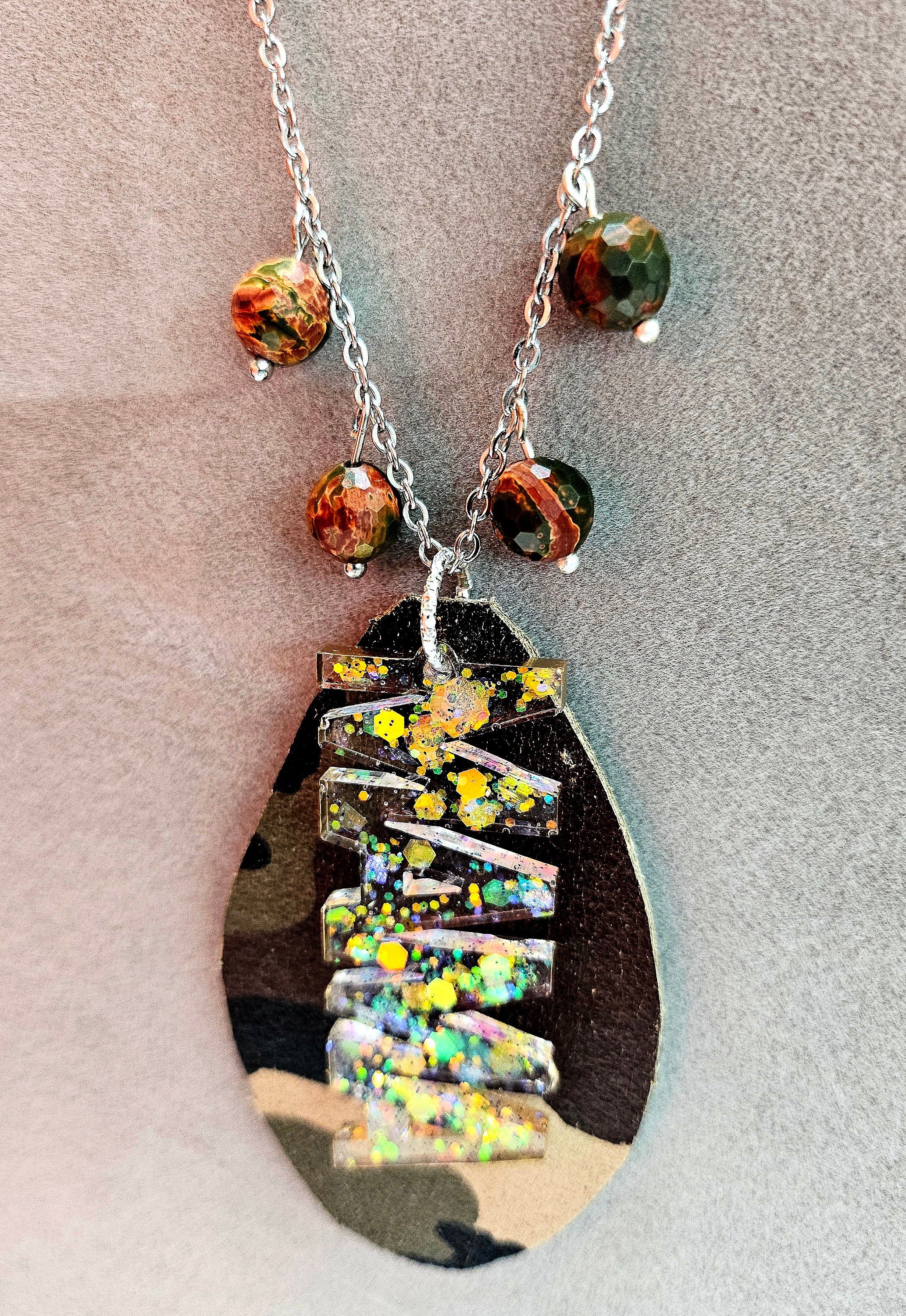 Mama Charm Leather Fringe Pendant with Cherry Creek Jasper Beads on Stainless Steel Chain - Stylish Camo Teardrop Accessory for Moms