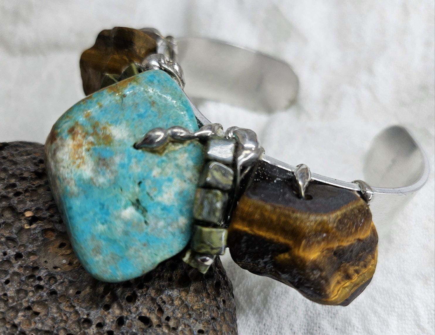 Turquoise  Tiger Eye Cuff Bracelet for Women  Unique Boho Chic Adjustable Design  Comfortable Statement Jewelry  Perfect Gift Idea