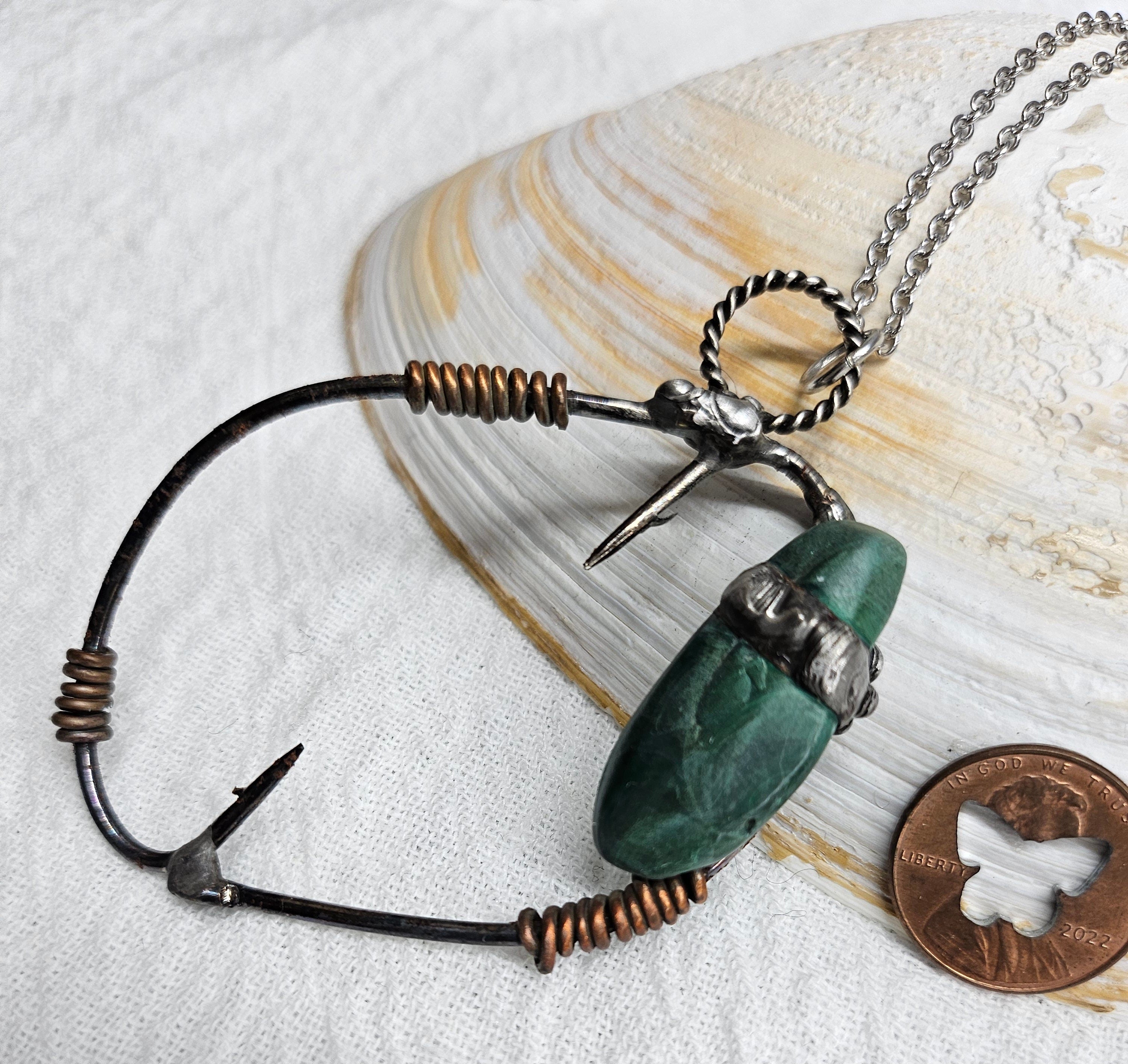 Fish Hook Malachite Stone Pendant Necklace on 20 Stainless Steel Chain for Stylish Jewelry Lovers Fun  Flirty Accessory