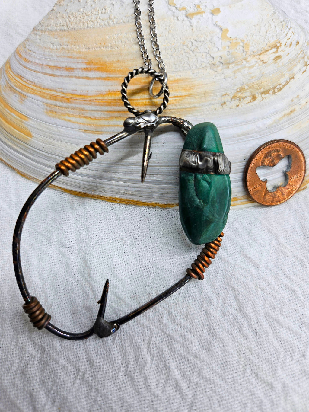 Fish Hook Malachite Stone Pendant Necklace on 20 Stainless Steel Chain for Stylish Jewelry Lovers Fun  Flirty Accessory