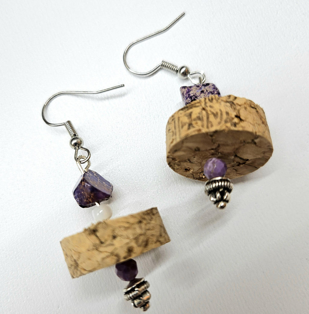 Purple Sea Sediment Jasper & Wine Cork Earrings Rustic Boho Handmade Jewelry Gift for Her Free Shipping | Rustic Boho Jewelry #363