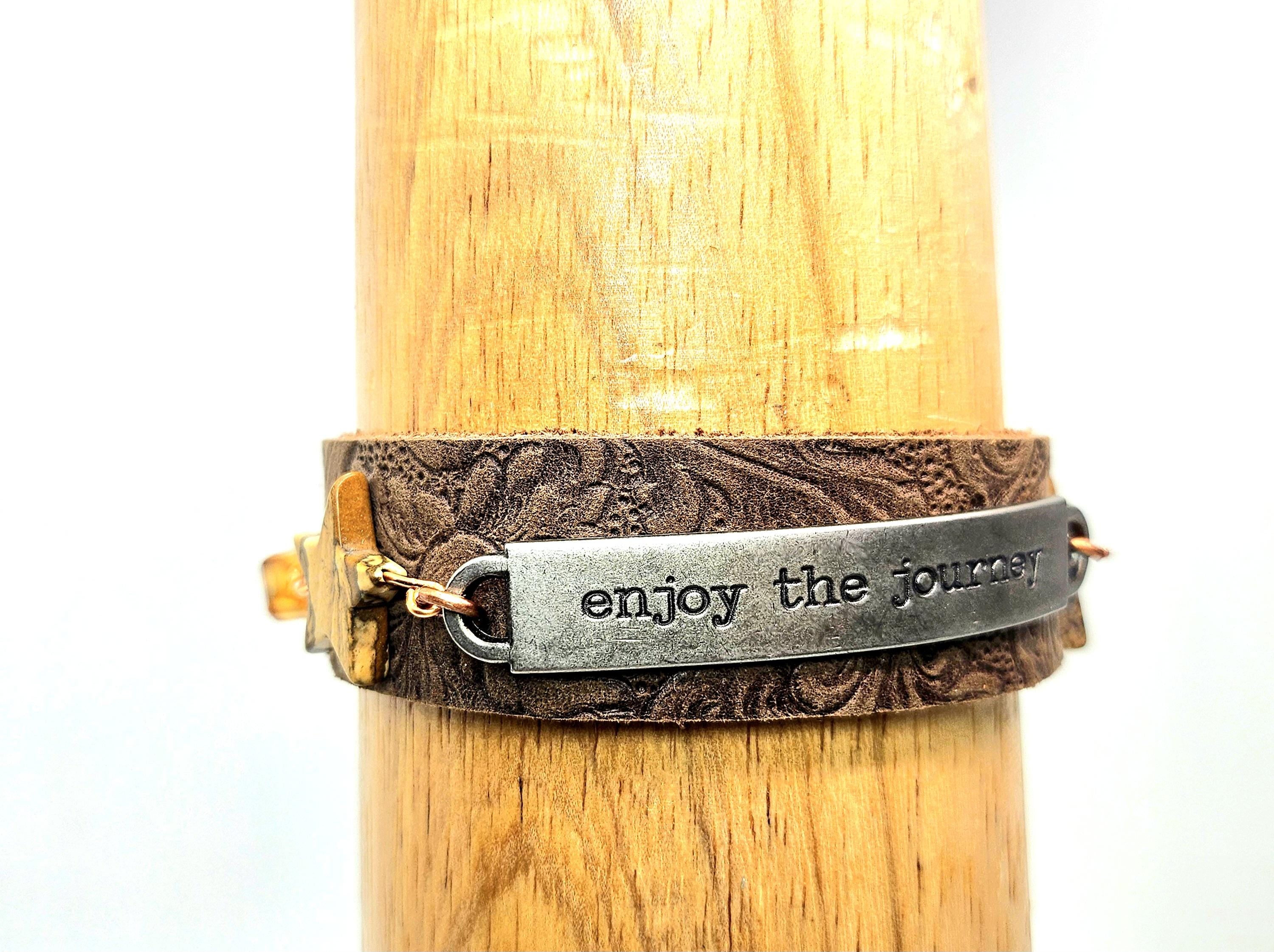 Tooled Leather  Jasper Stone Bracelet with Unique Word Plate Snap Closure for Stylish Comfort  Expression