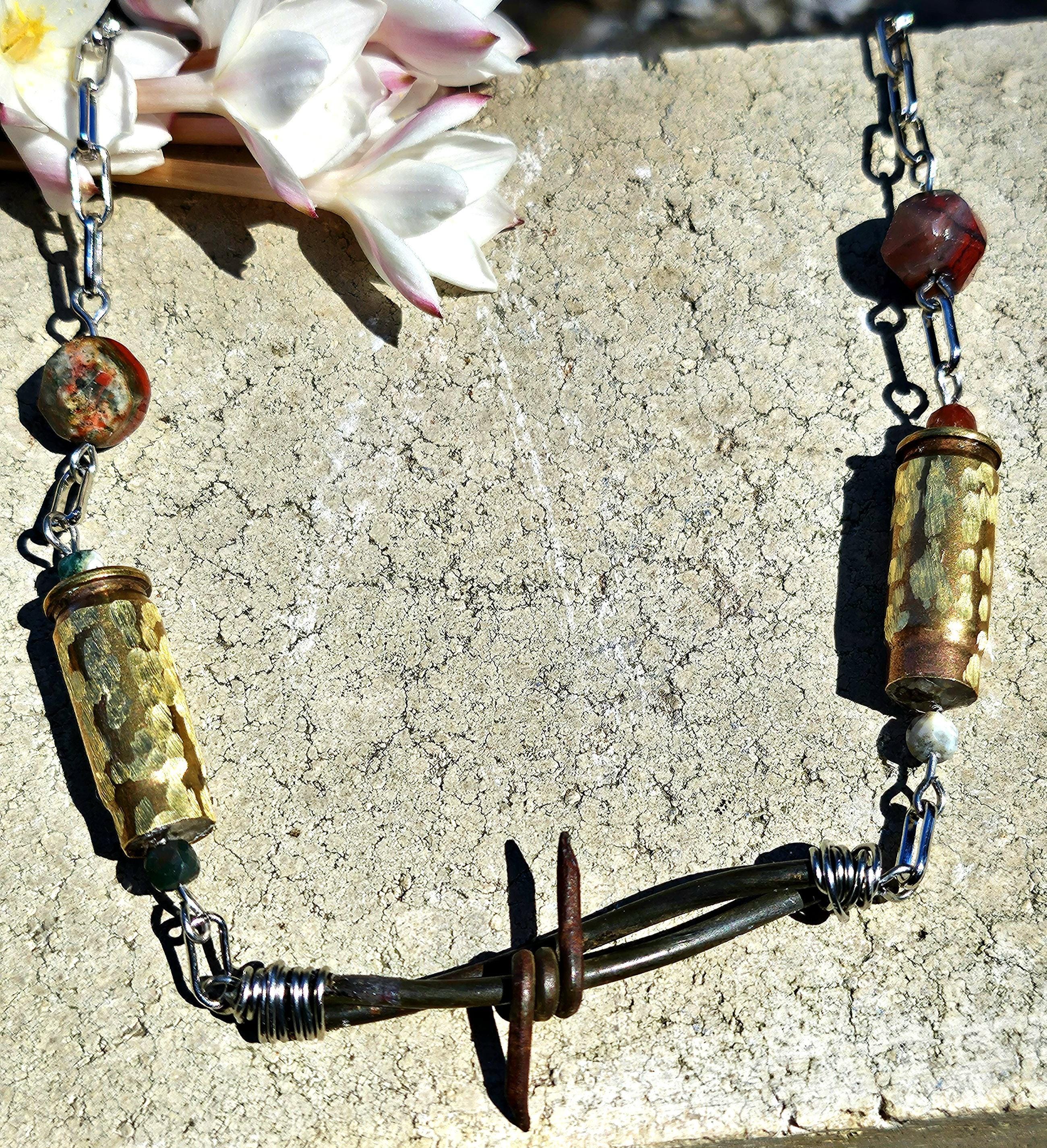 Barbed Wire  40mm Bullet Brass Pendant - Rustic Boho Handmade Jewelry Gift for Her - Unique Conversation Starter - Free Shipping