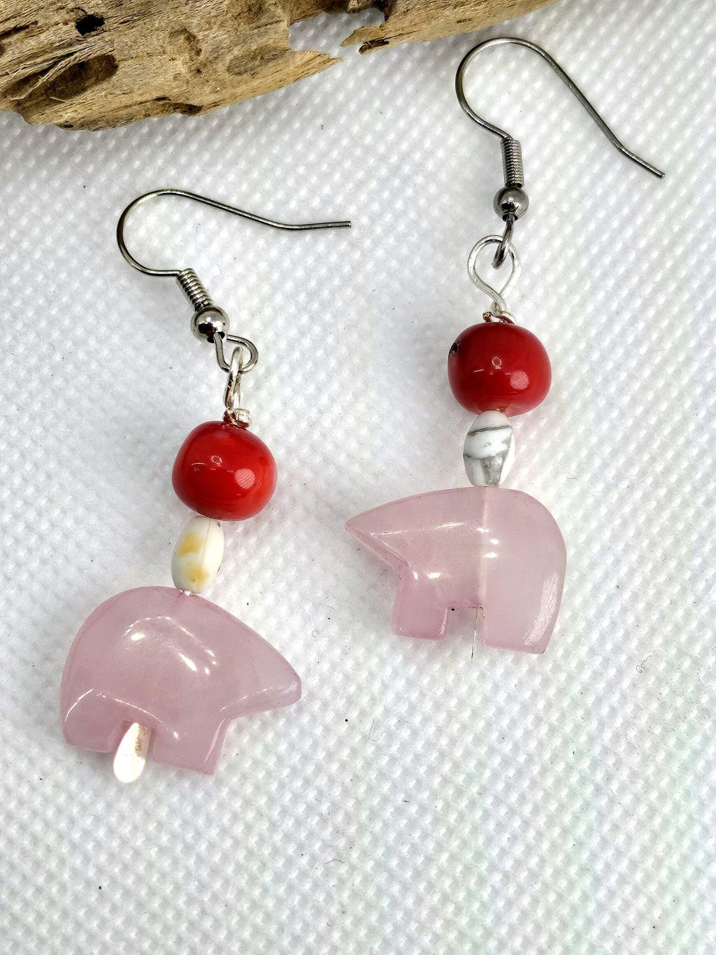 Handcrafted Red Coral  Rose Quartz Zuni Bear Earrings in Durable Stainless Steel - Rustic Boho Charm for Fashionistas Perfect Gift