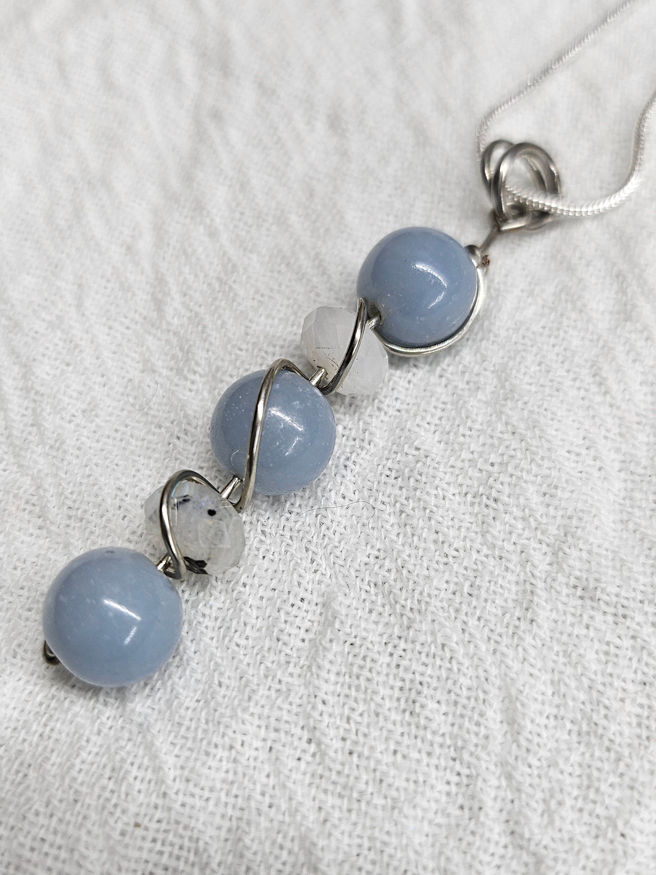 Blue Chalcedony  Moonstone Pendant Necklace on Stainless Steel Chain for Everyday Elegance and Sparkle