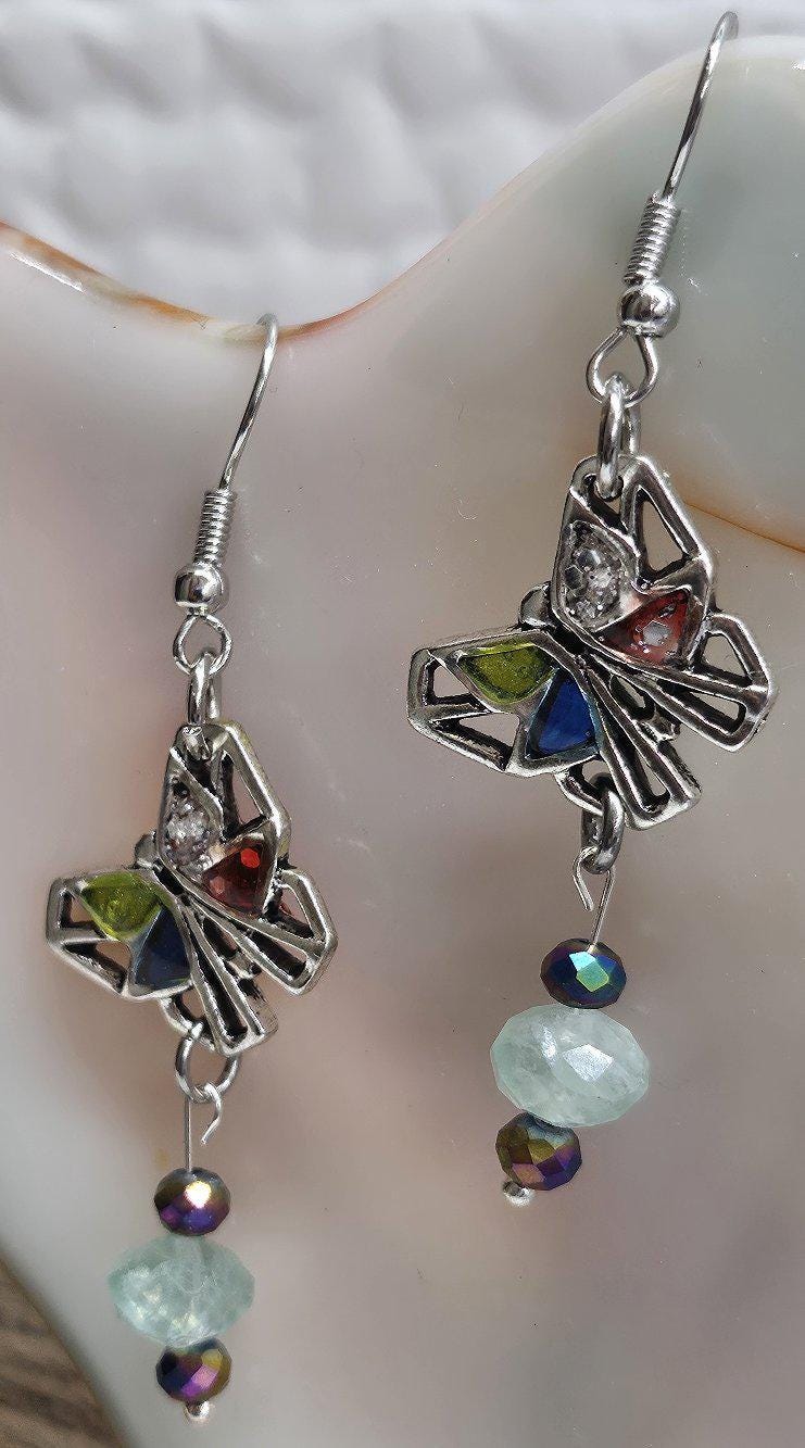 Butterfly Aquamarine Dangle Earrings in Stainless Steel - Rustic Boho Charm with Unique Elegance for Fairy Tale Style Perfect Gift