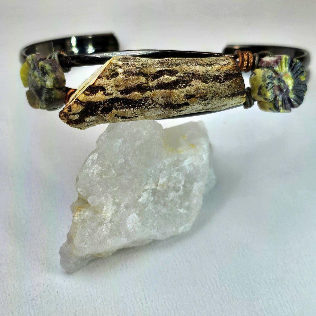 Natural Deer Antler  Flower Obsidian Cuff Bracelet for Rustic Boho Style Handmade Statement Jewelry FREE Shipping
