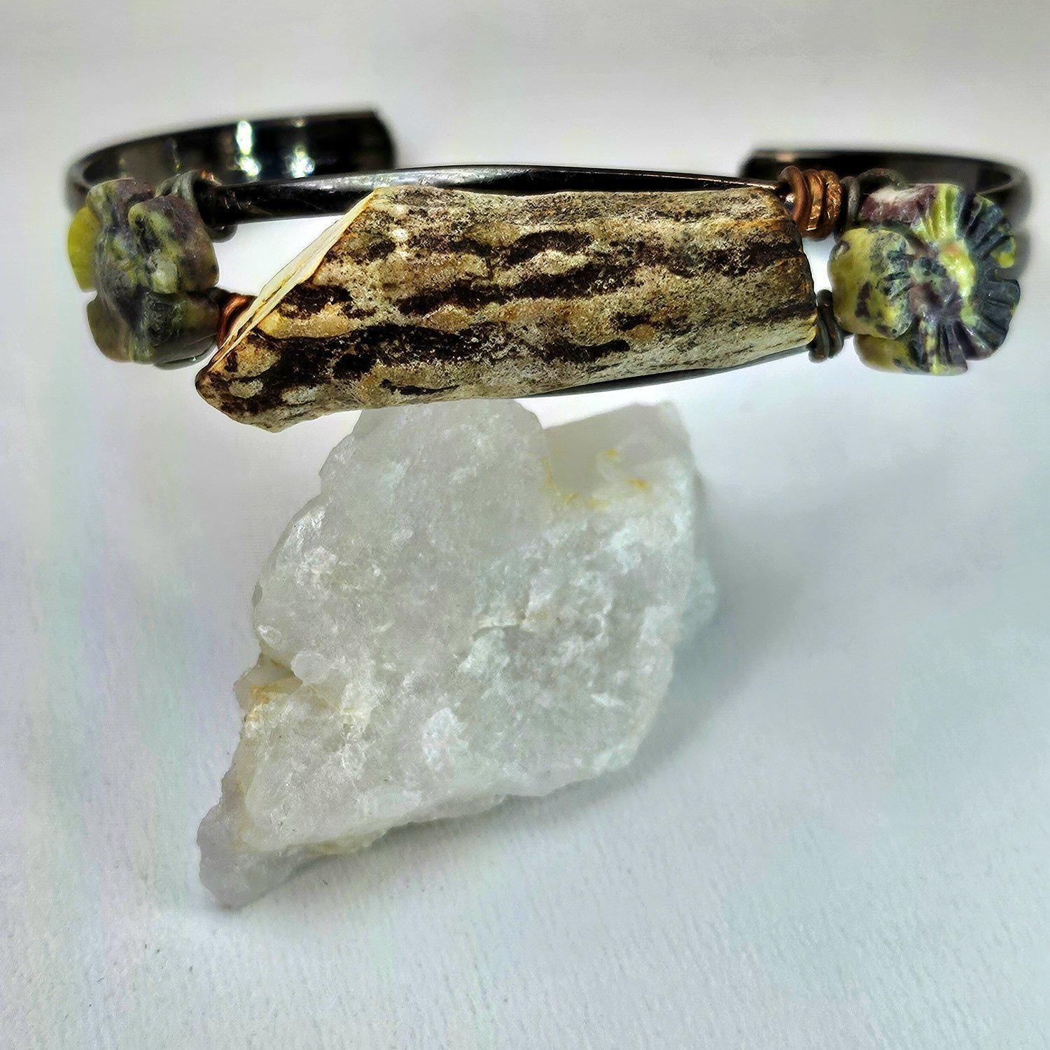 Natural Deer Antler  Flower Obsidian Cuff Bracelet for Rustic Boho Style Handmade Statement Jewelry FREE Shipping