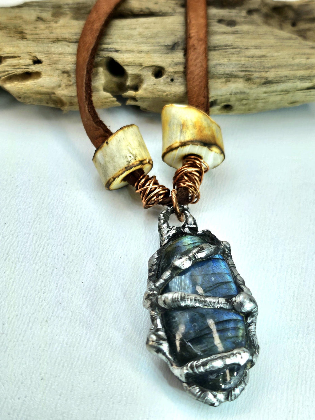 Leather Necklace with Silver-Soldered Blue Labradorite  Deer Antler Beads for Nature-Inspired Style